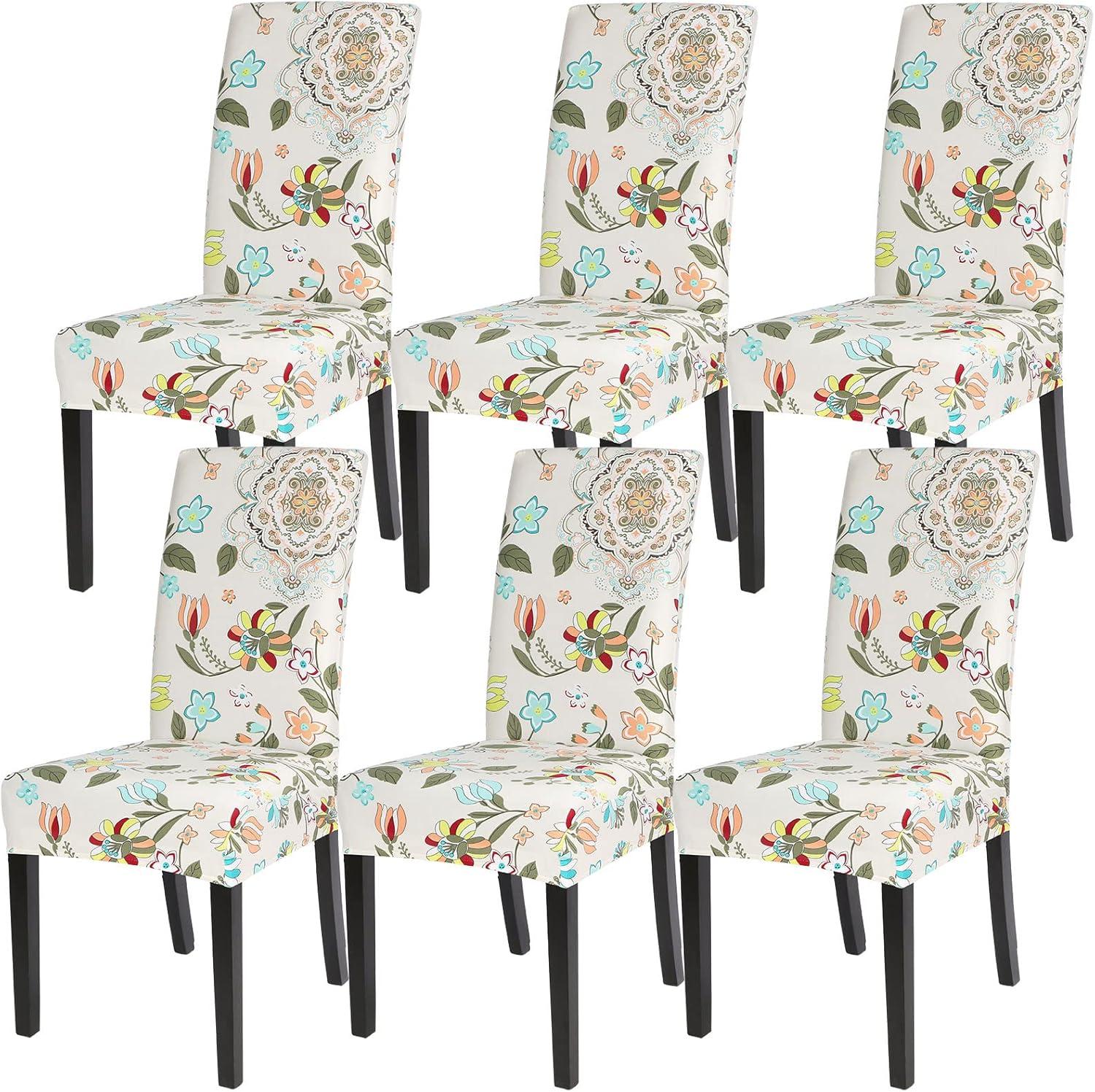 Dining Room Chair Covers Slipcovers Set of 6, Spandex Super Fit Stretch Removable Washable Kitchen Parsons Chair Covers Protector for Dining Room,Hotel,Ceremony,Beige+Flowers