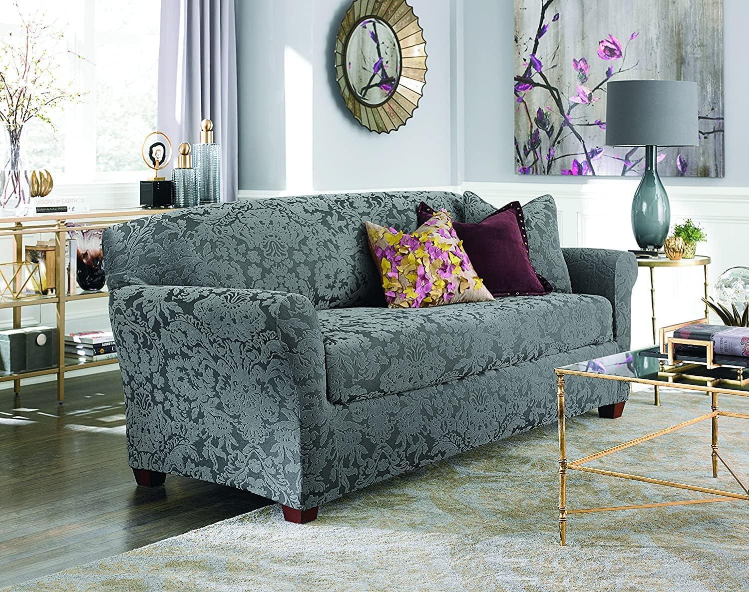 Gray Stretch Jacquard Damask T-Cushion Sofa Slipcover