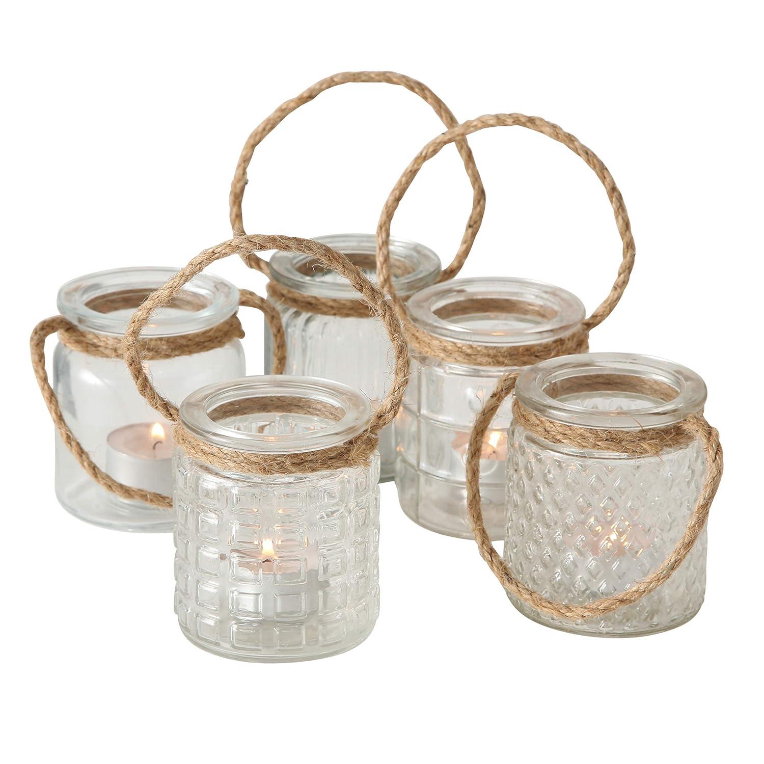 Beach Chic Nautical Rope Hurricane Lamps, Clear Glass Candle Holder, for LED or Wax Votive, Pillar or Tealights, Wind Light, Set of 5, 2 3/4 x 2 3/4 x 3 1/2 Inches