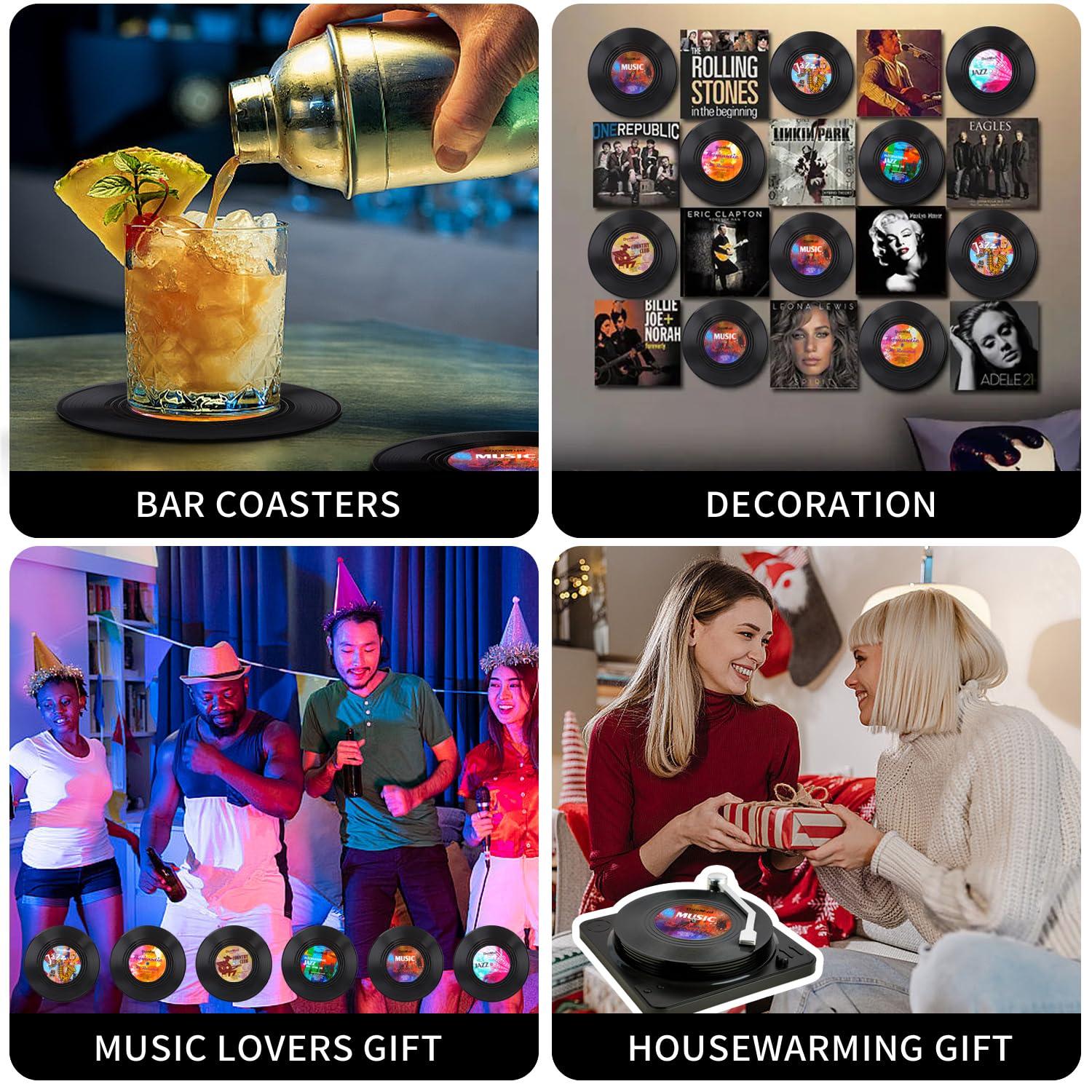 Funny Retro Record Coasters for Drinks with Vinyl Player Holder for Music Lovers,Set of 6 Conversation Piece Sayings Drink Coaster,Housewarming Hostess Wedding Registry Gift Ideas