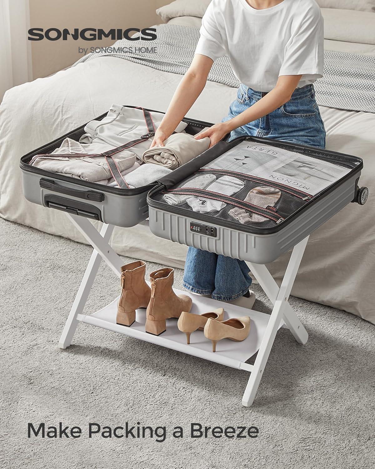 Bisiot Luggage Rack, Folding Suitcase Stand With Storage Shelf Holds Up To 131 Lb