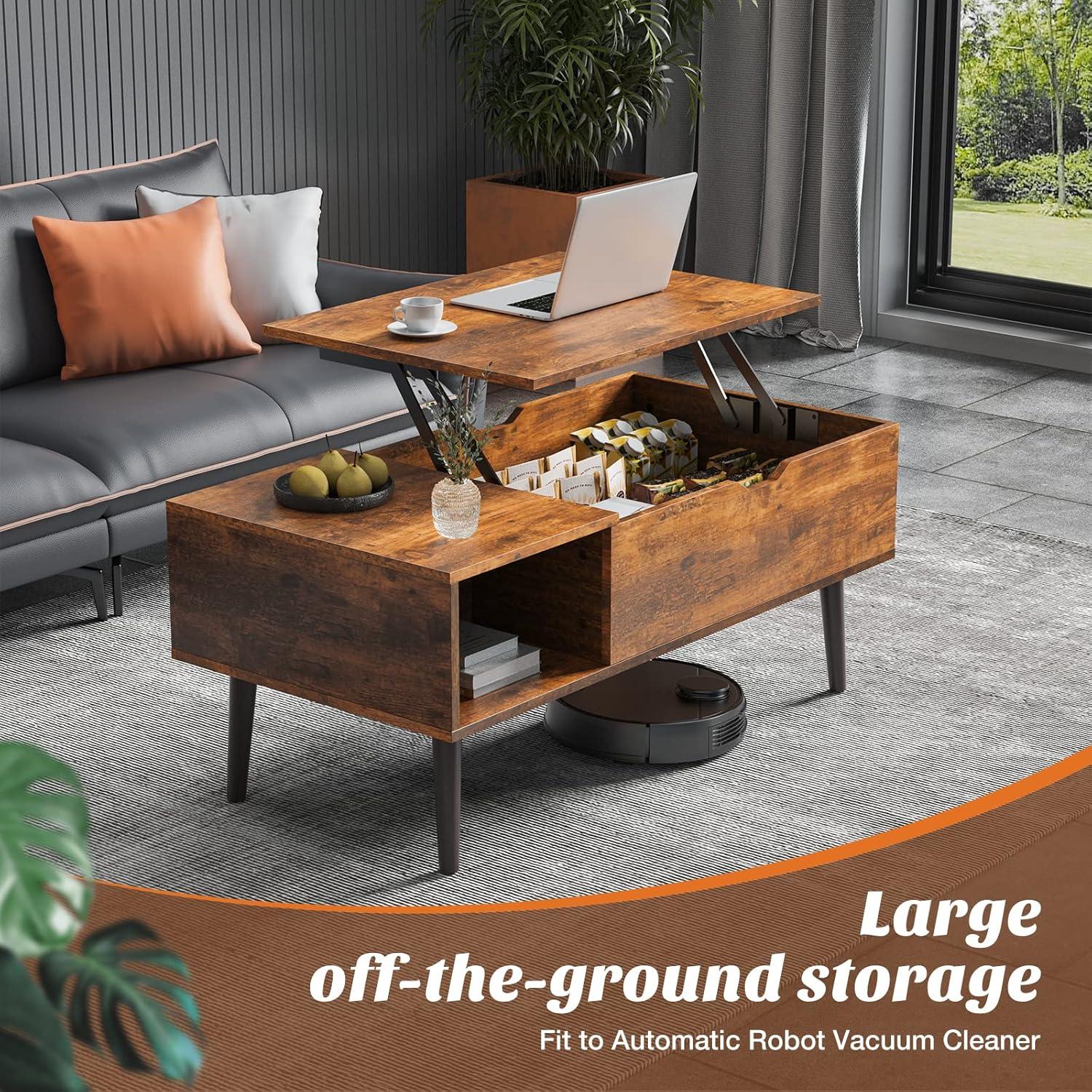 WM Modern Lift Top Coffee Table Wooden Furniture with Storage Shelves and Hidden Compartments