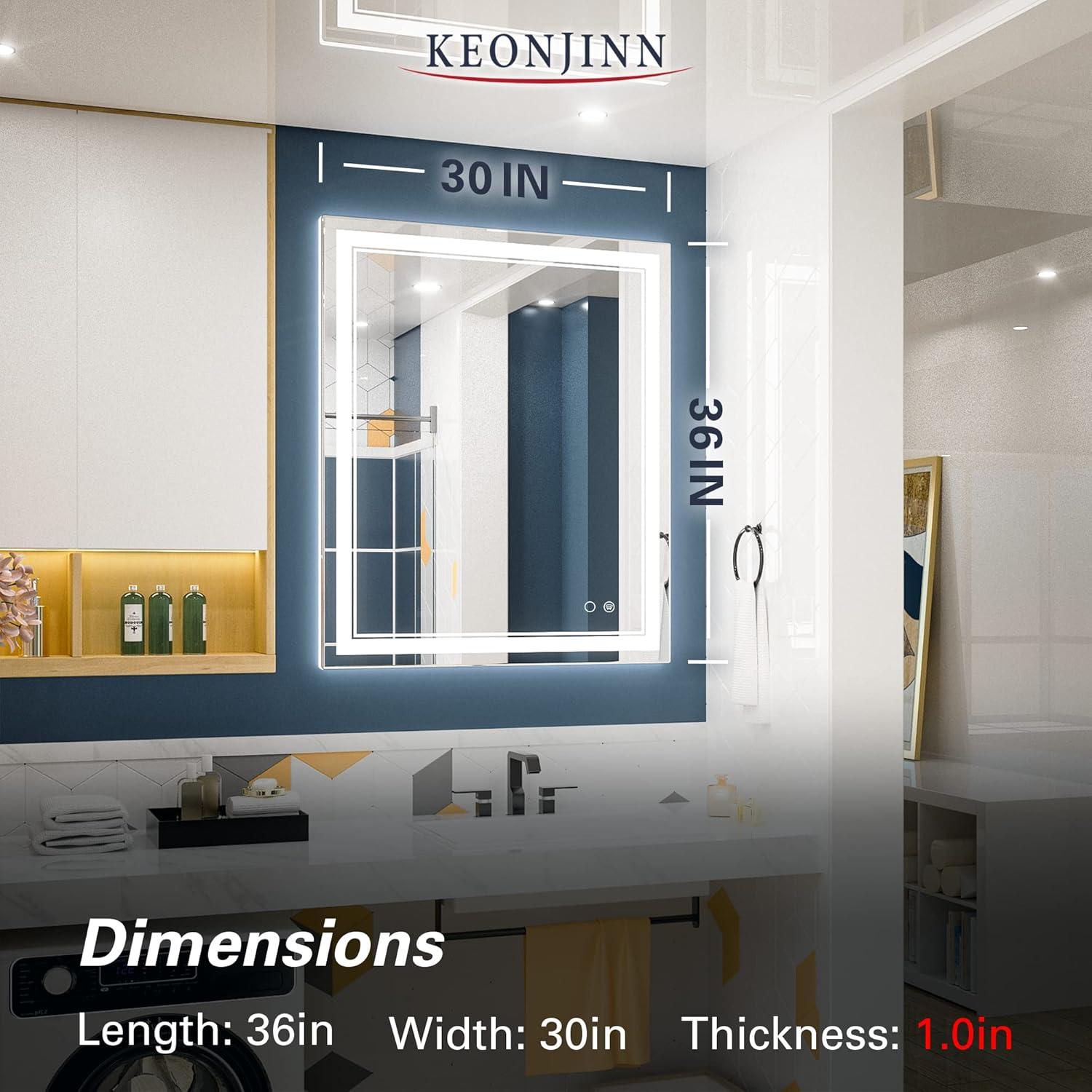 Keonjinn LED Bathroom Mirror with Lights, 30'' x 36''LED Vanity Mirror, Wall Mounted Anti-Fog Dimmable Frameless Frontlit Makeup Mirror, IP54, 6000K(Horizontal/Vertical)