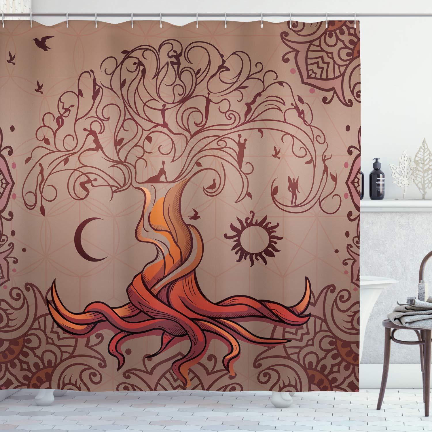 Ethnic Shower Curtain, Vintage Tree of Life with Sun and Moon Elf on Branches Enchanted Universe Image, Fabric Bathroom Set with Hooks, 69W X 70L Inches, Purple, by Ambesonne