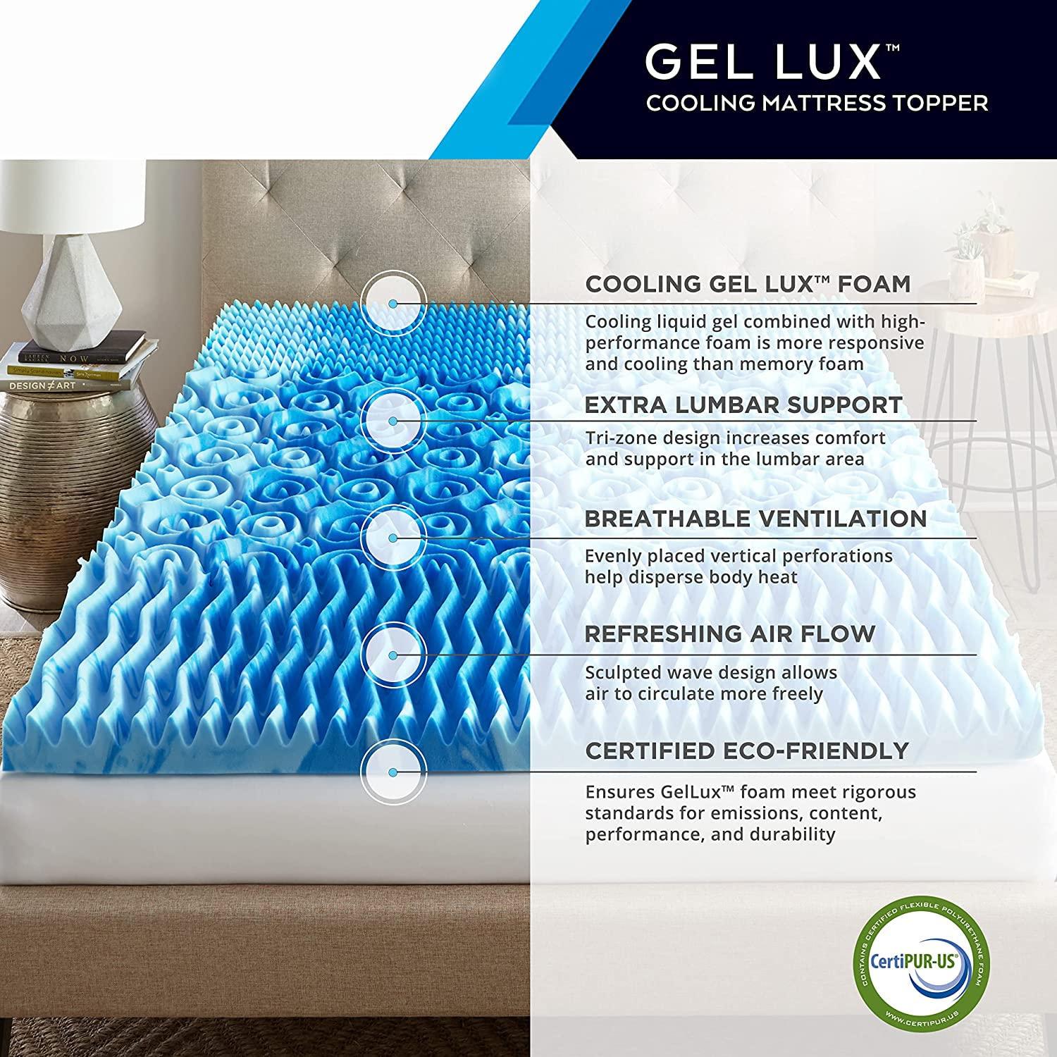 Queen Size 4" Gel Lux Memory Foam Mattress Topper: Contouring Comfort, Pressure Relief Zones, Cooling Gel Infusion, Air Flow Tech, Medium Firm Support, CertiPUR-US Certified