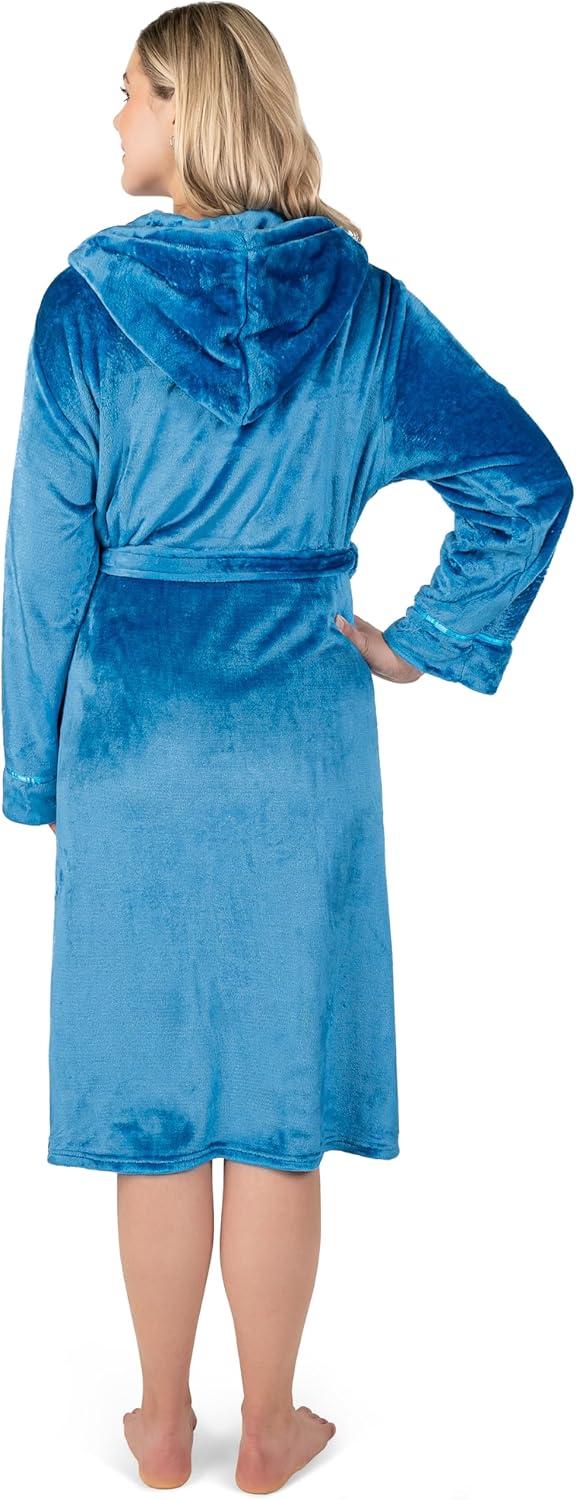 PAVILIA Fleece Robe For Women, Plush Warm Bathrobe, Fluffy Soft Spa Long Lightweight Fuzzy Cozy, Satin Trim (With Hood - Sea Blue, Large-X-Large)