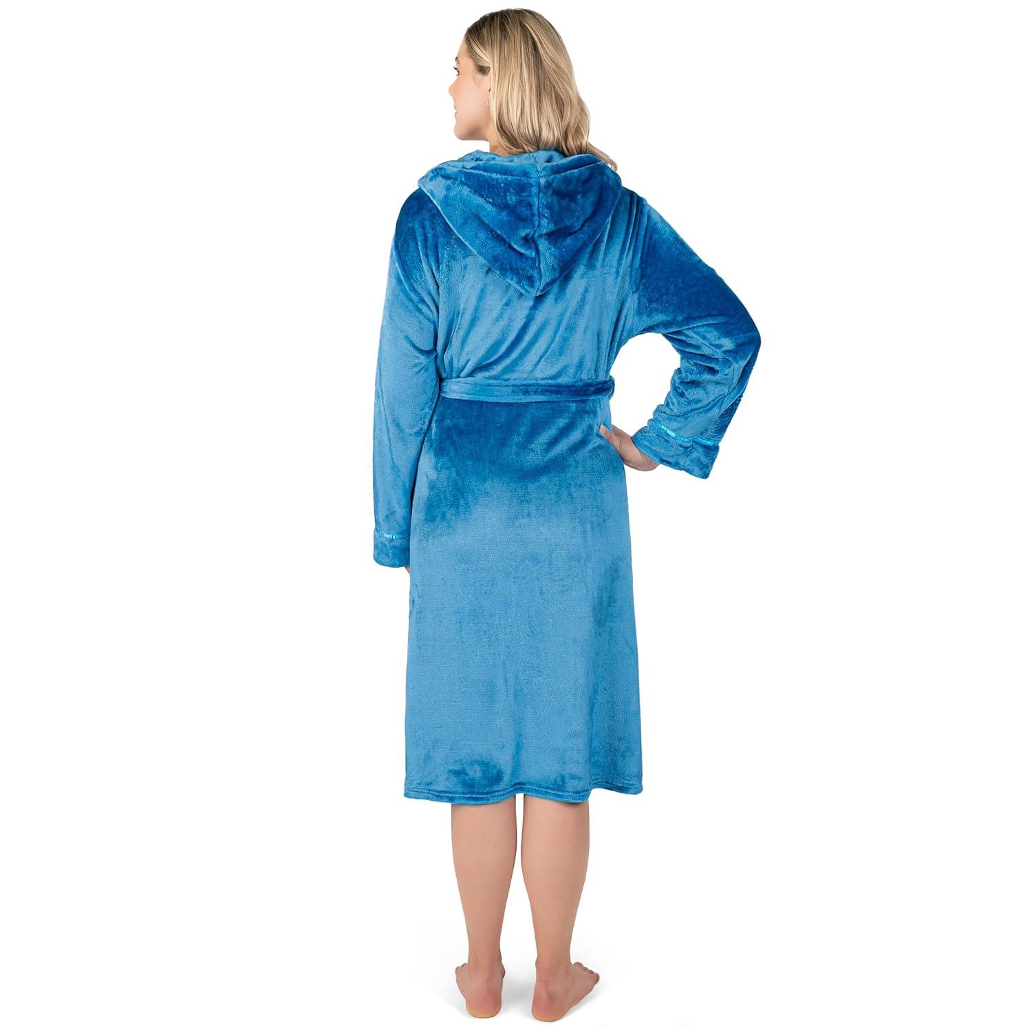PAVILIA Fleece Robe For Women, Plush Warm Bathrobe, Fluffy Soft Spa Long Lightweight Fuzzy Cozy, Satin Trim (With Hood - Sea Blue, Large-X-Large)