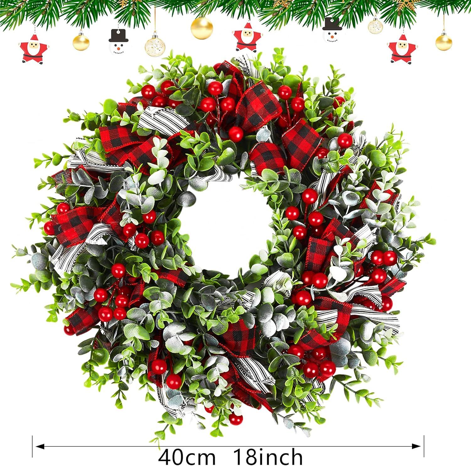 Christmas Wreath, Front Door Decoration Wreath Winter Garland Artificial Wreath for House Party Outdoor Indoor Red Black Plaid Wreath-18 Inch