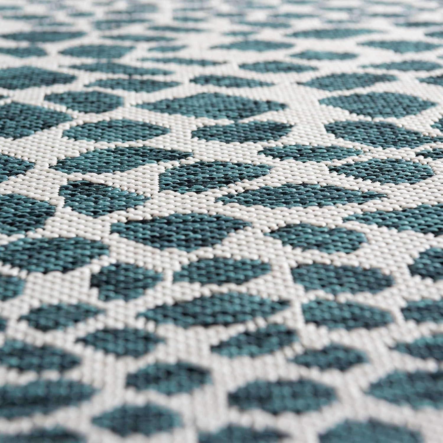 Teal and Ivory Rectangular Outdoor Area Rug, 6' x 9'