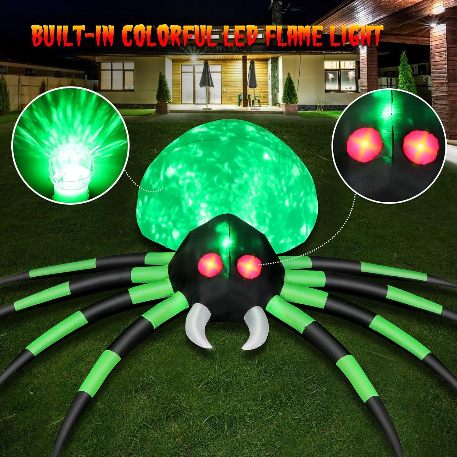 12FT Green and Black Inflatable Halloween Spider with LED Lights