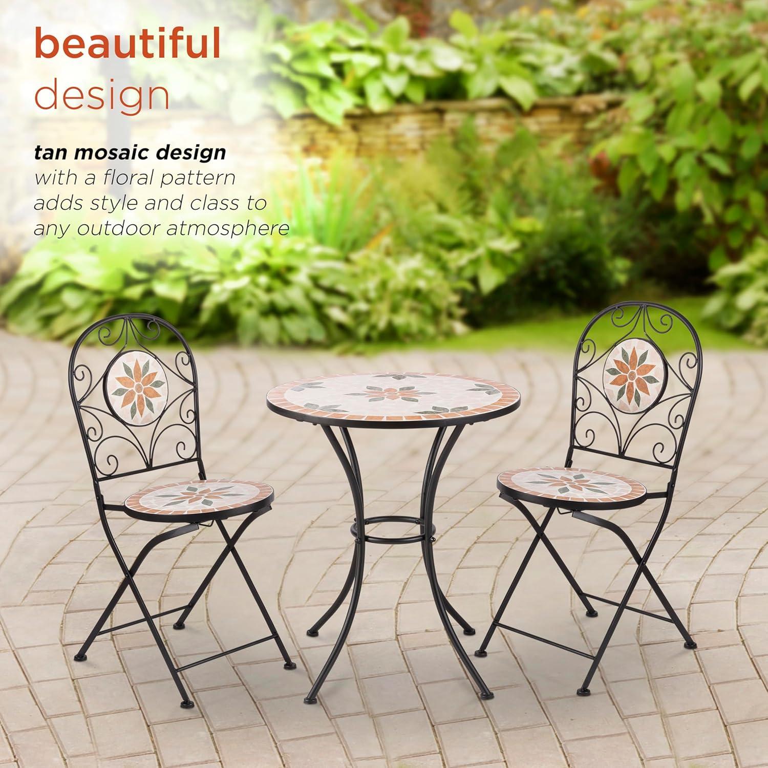 Alpine Corporation 3-Piece Iron Mosaic Tile Patio Bistro Set, Light Brown