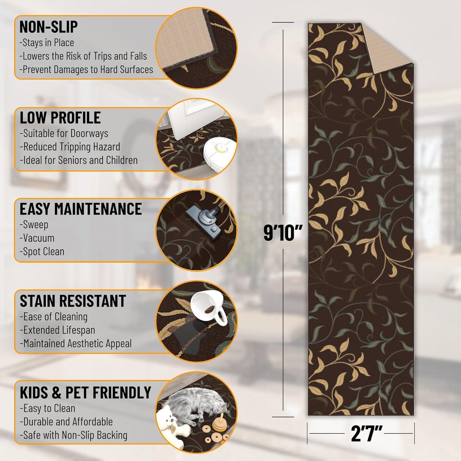 Ottohome Non-Slip Leaves Area Rug For Living Room, Hallway Runner, Entryway Rug, Brown