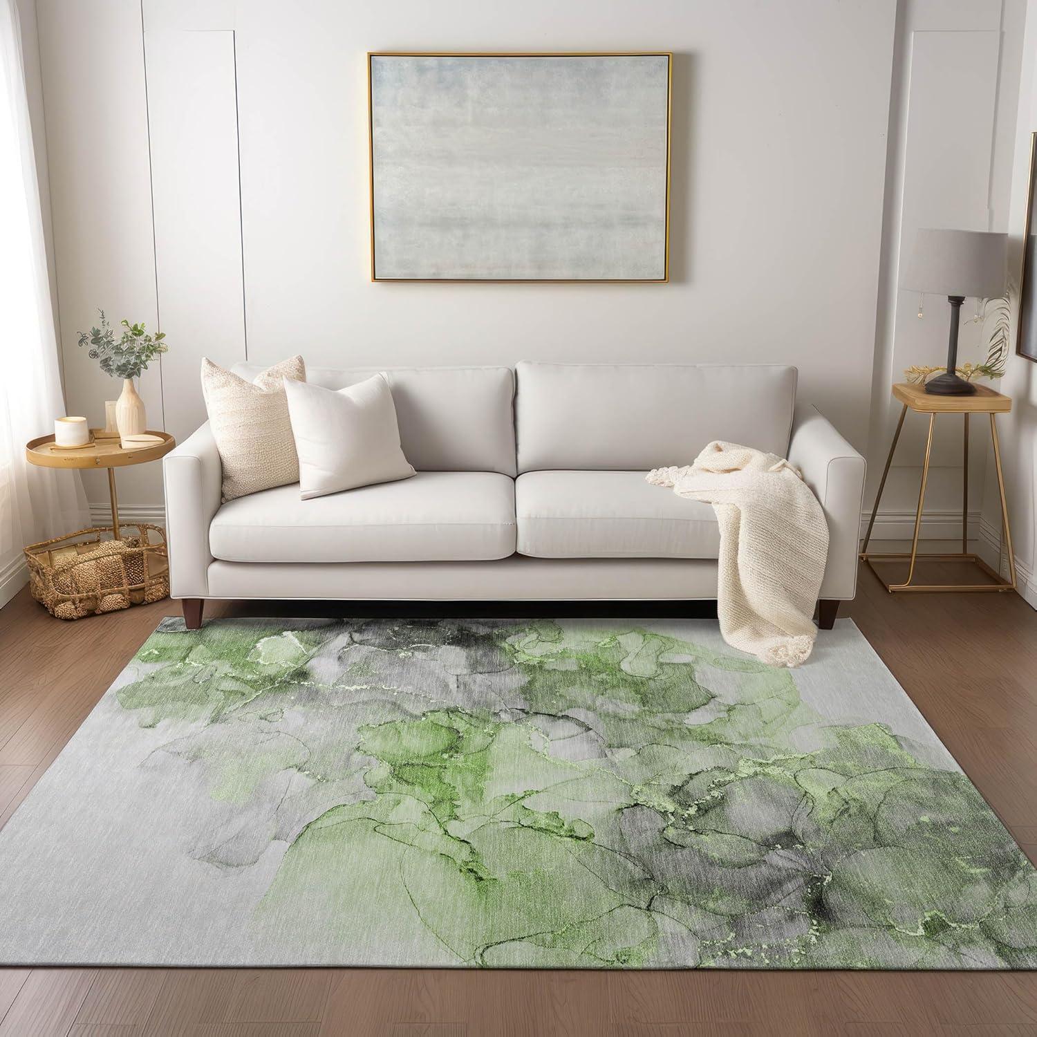 Green and Gray Watercolor Synthetic Washable Area Rug