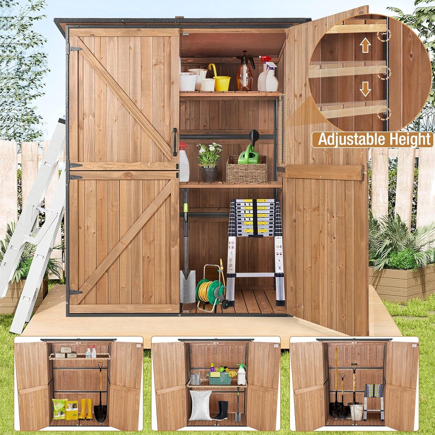 Dark Brown Wooden Garden Shed with Adjustable Shelves and Metal Frame