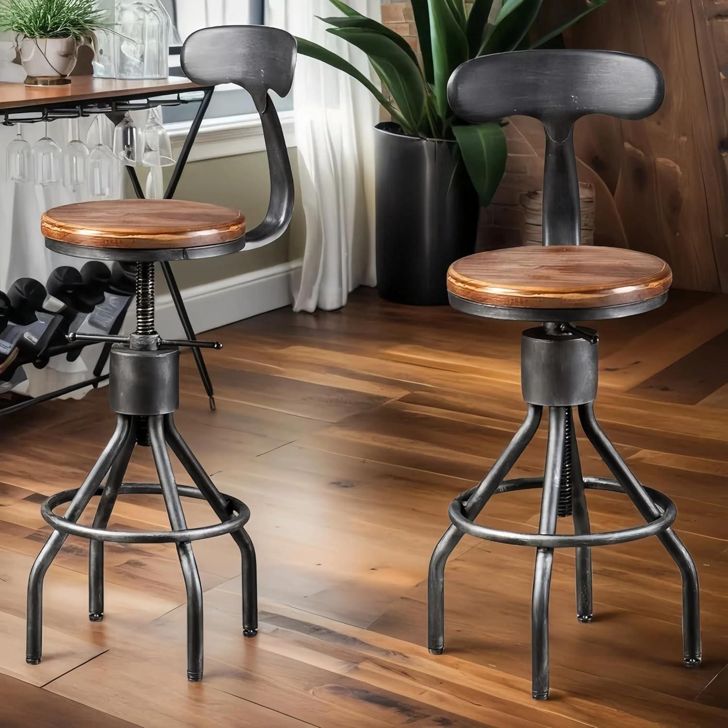 LOKKHAN Set of 2 Rustic Industrial Bar Stool-24-30 Adjustable Metal Swivel Wooden Top Barstools-Counter Height Extra Tall Bar Height-Vintage Farmhouse Kitchen Breakfast Cafe Stool-with Backrest