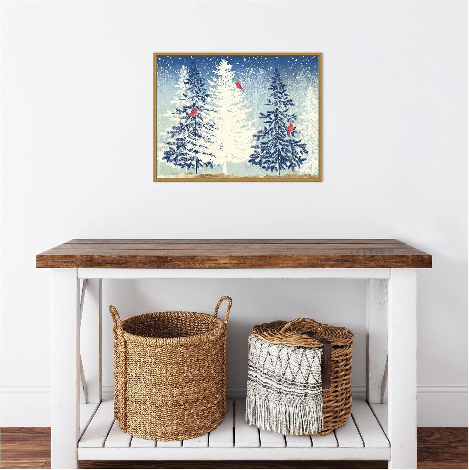 Snowy Christmas Trees Canvas Print with Gold Frame