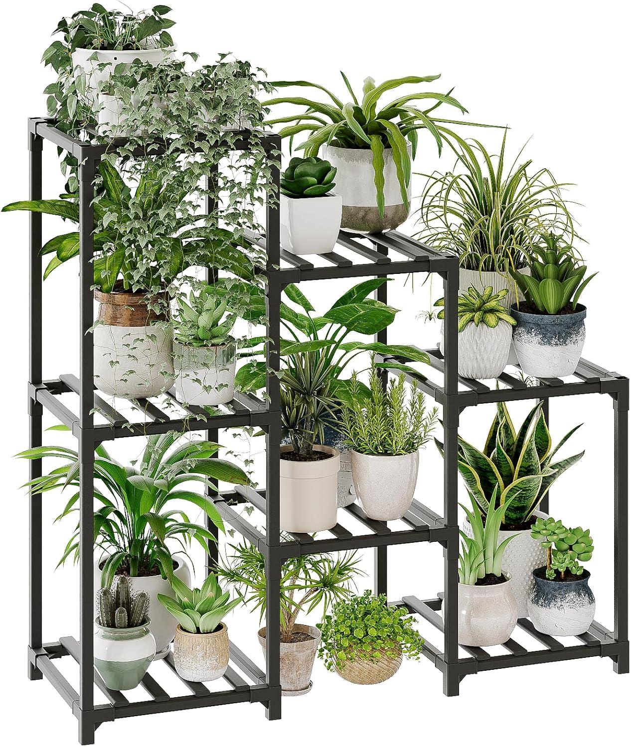 Black 3-Tier Bamboo Ladder Plant Stand for 7 Pots