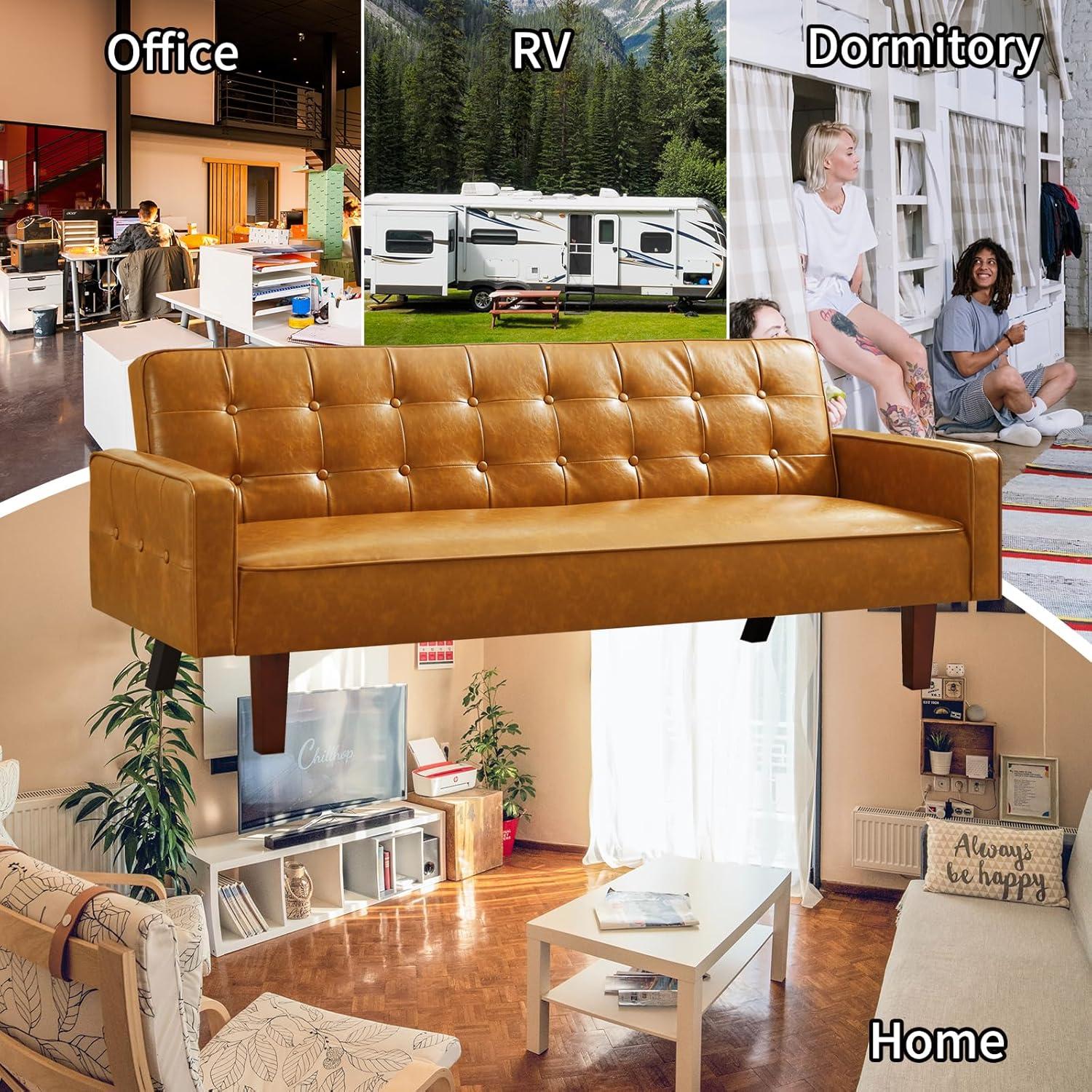 66" PU Leather Futon Sofa Bed, Adjustable Backrest Convertible Loveseat Sleeper Couch with Tapered Wood Legs for Small Space Living Room, Brown