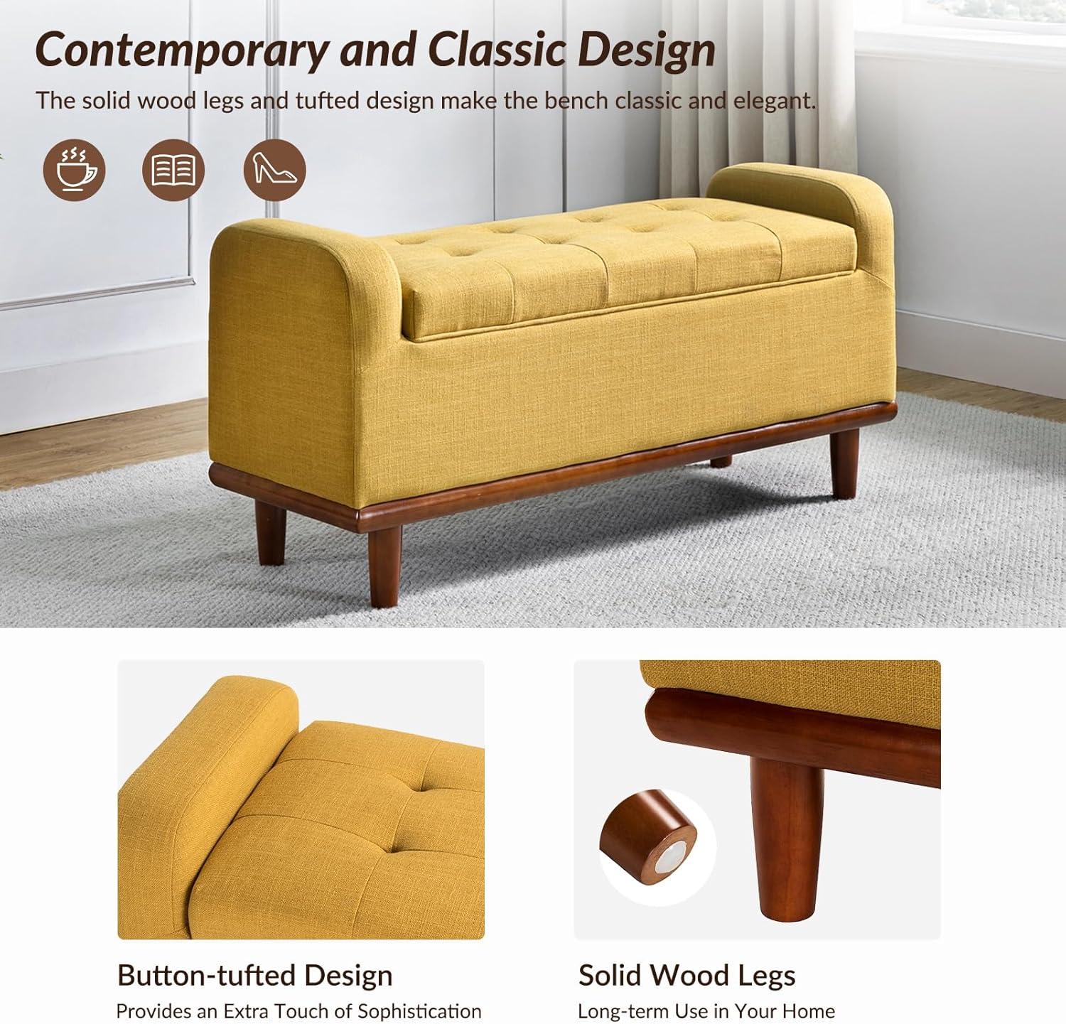 Mustard Upholstered Storage Bench with Walnut Wood Legs