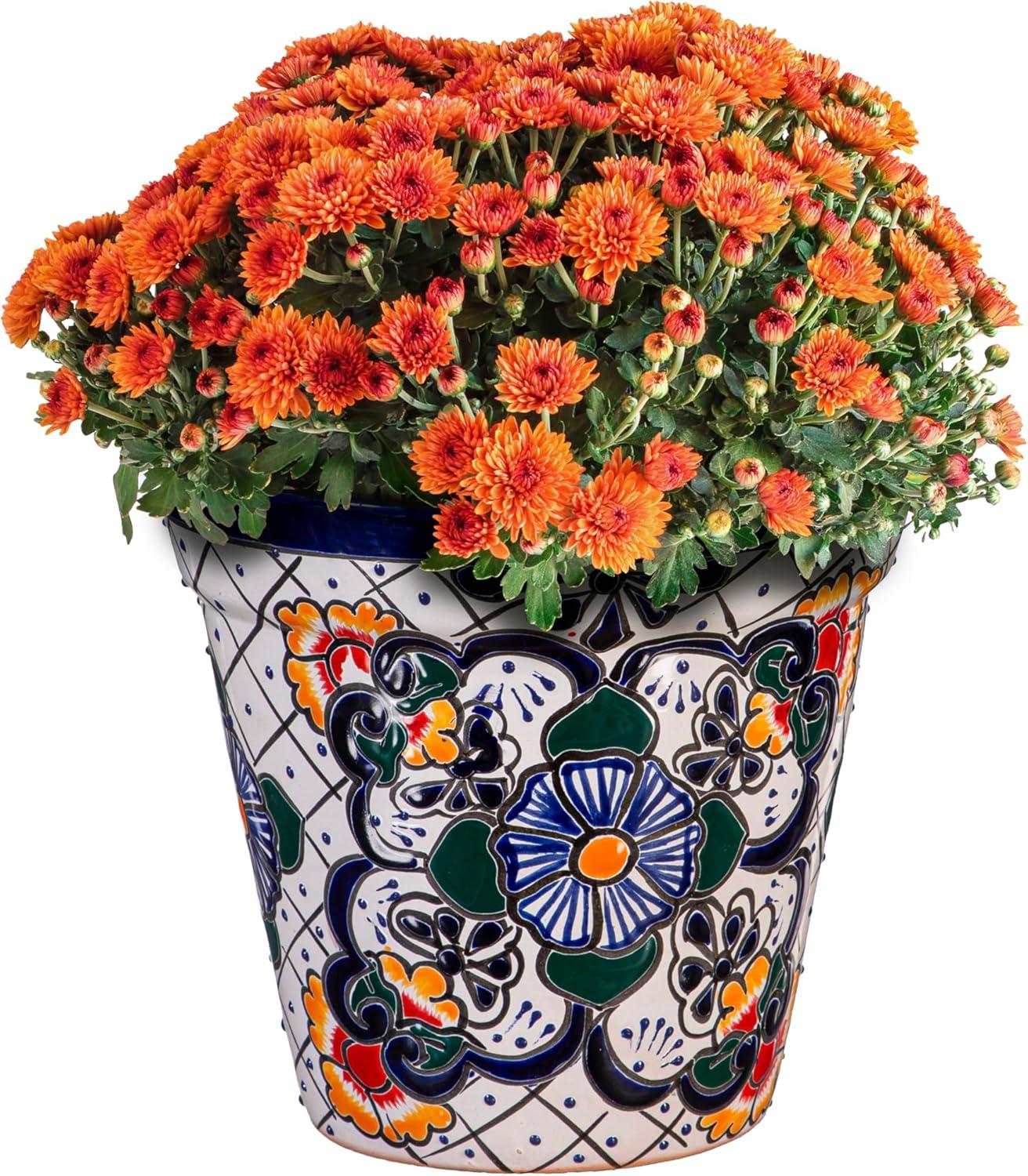 Evergreen Garden Talavera Mexican Pottery Ceramic Floral Classic Top Pot Planter | Flower Pot Plant Succulent | Indoor Outdoor (10 inch)