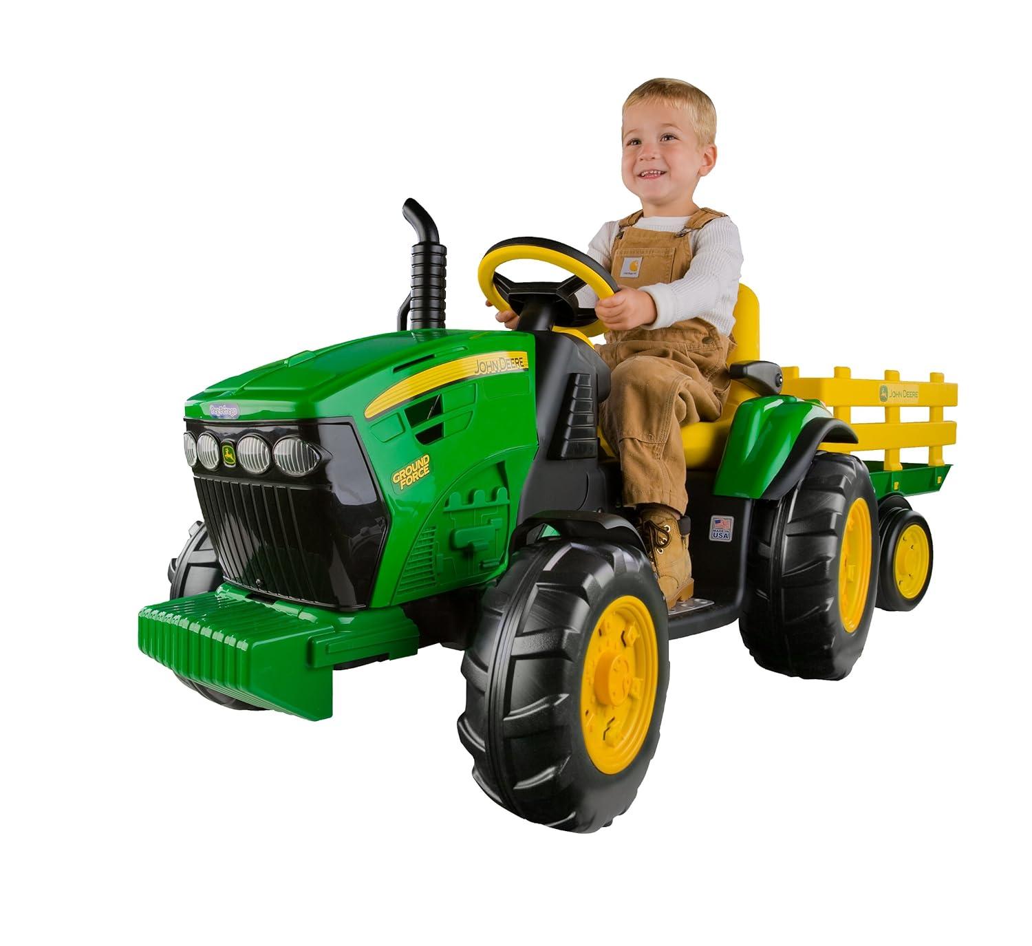 Peg Perego 12V John Deere Ground Force Tractor with Trailer Powered Ride-On - Green