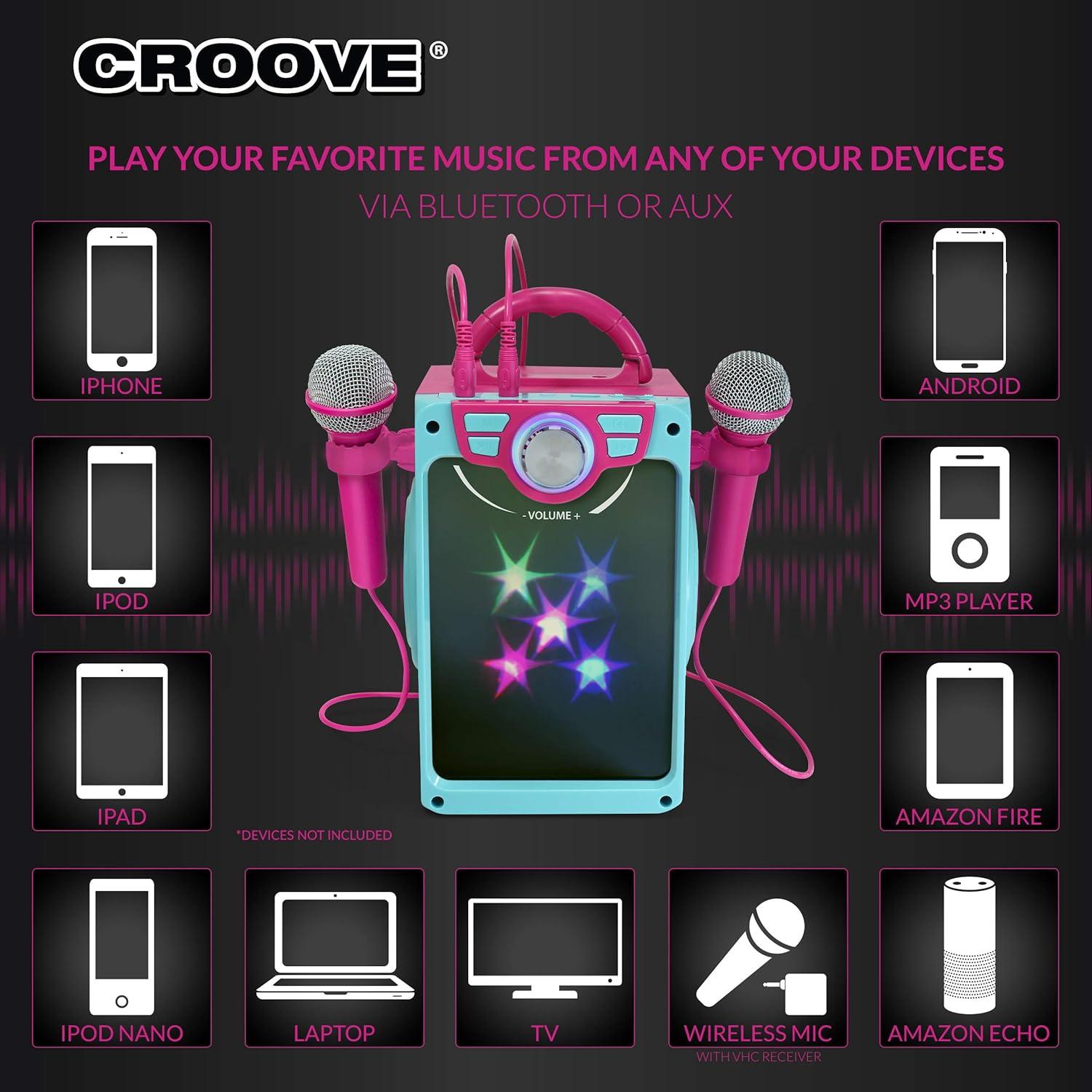 Croove POP Box Karaoke Machine for Kids with 2 Microphones and Flashing Disco Lights (Pink)