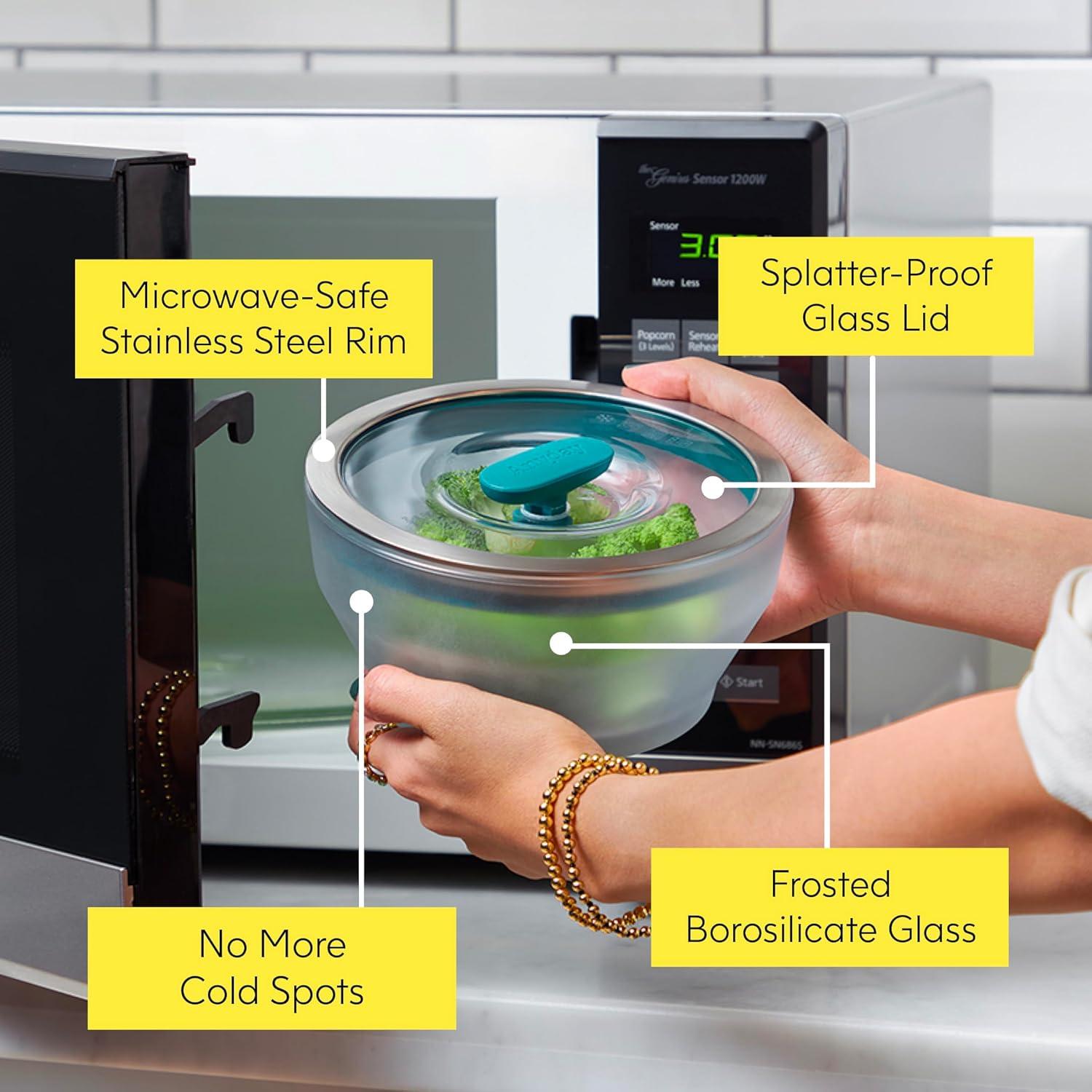 Large Frosted Glass Microwave Cookware Set with Silicone-Rimmed Lids