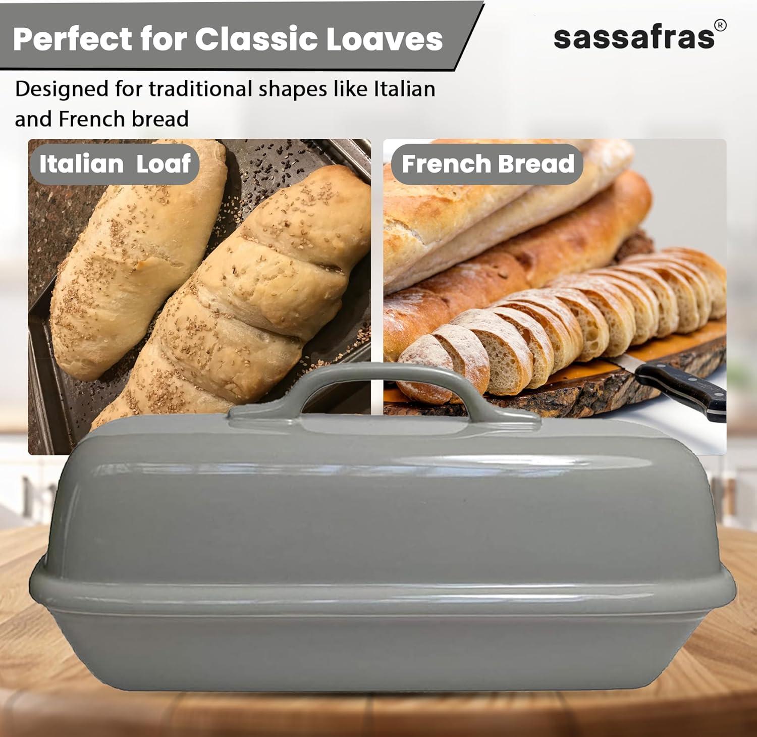 Sassafras Superstone® Covered Bread Baker with Lid - Bisque Glazed Exterior and Unglazed Interior Stoneware Bakeware - Bakes an Artisan Italian Bread with Crusty Crust and a Light Crumb