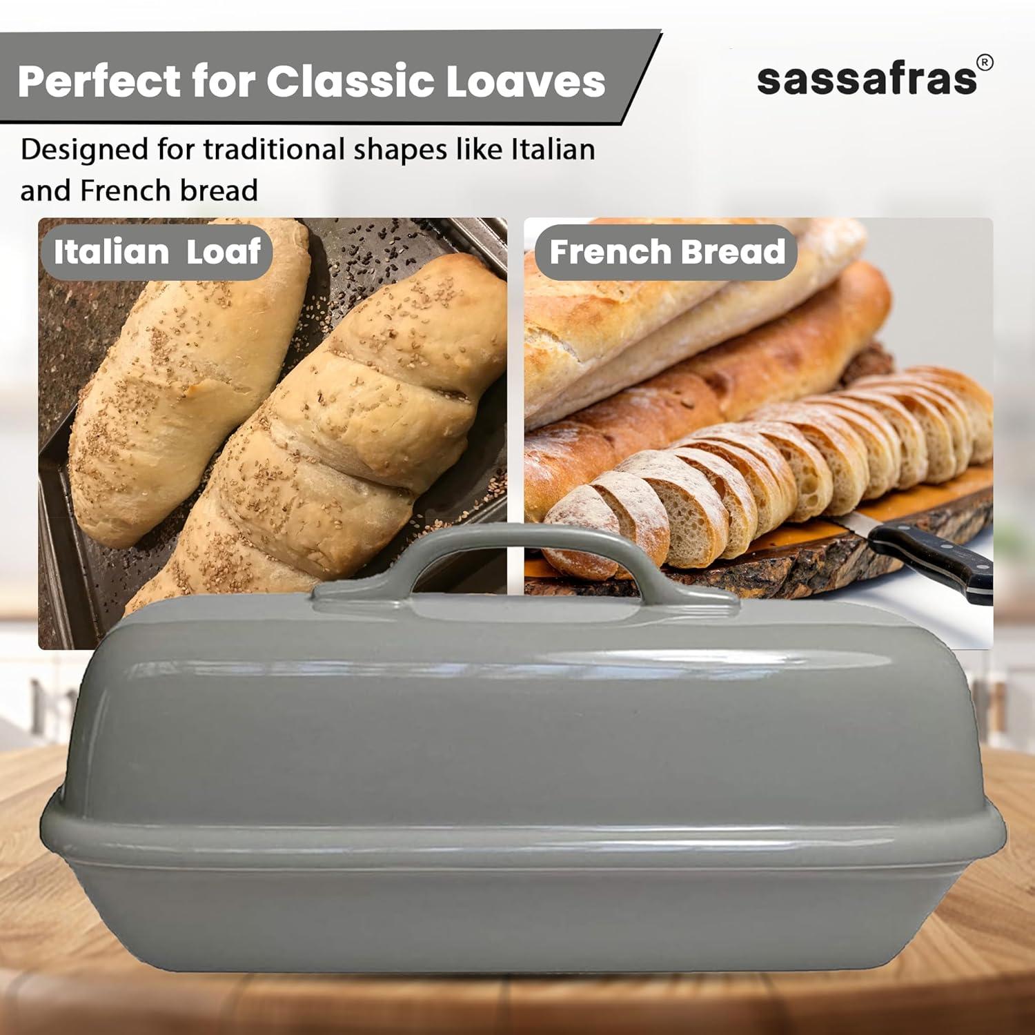 Sassafras Superstone® Covered Bread Baker with Lid - Bisque Glazed Exterior and Unglazed Interior Stoneware Bakeware - Bakes an Artisan Italian Bread with Crusty Crust and a Light Crumb