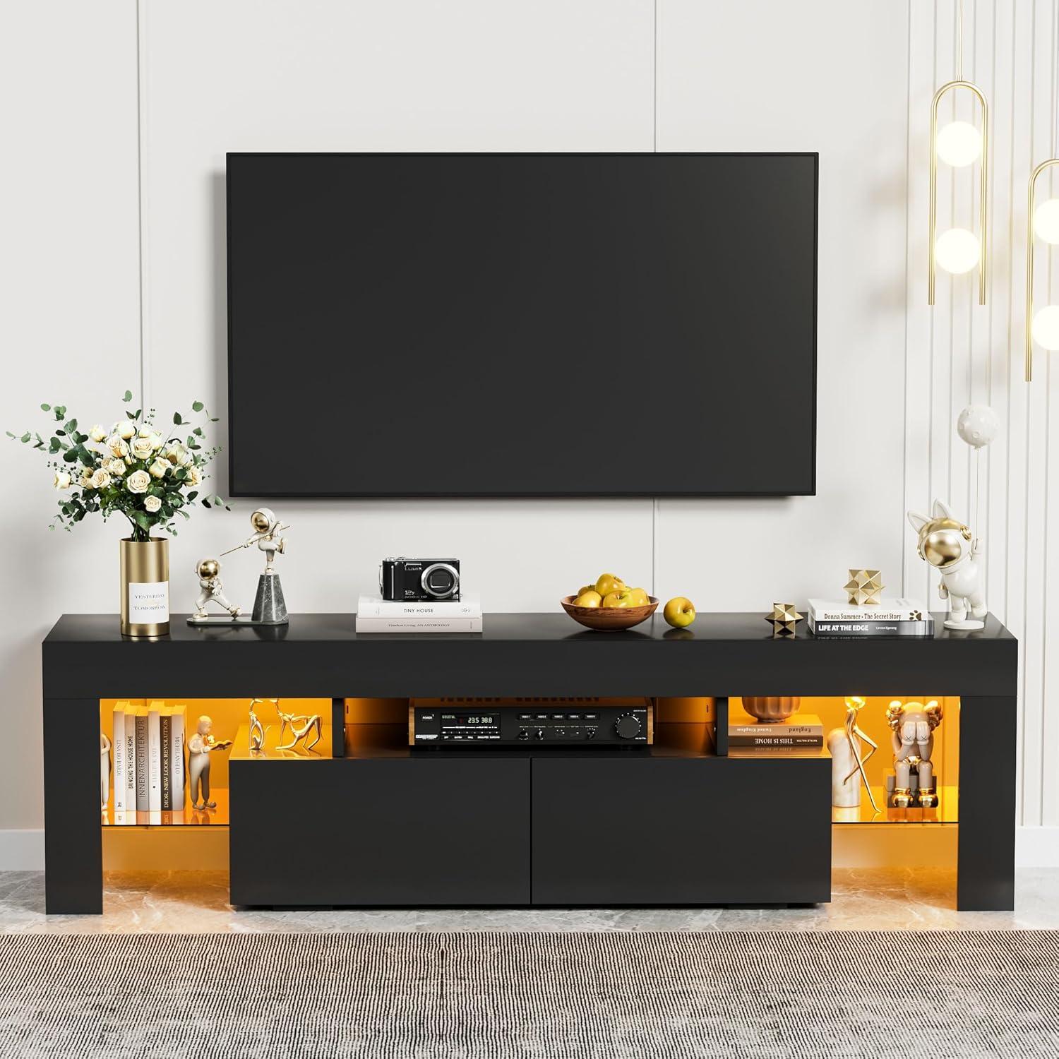 Homall  TV Stand for 65-Inch TV with Led Lights, High Gloss Cabinet and Storage Rack, Gaming Console Entertainment Center in Living Room Bedroom Media Floor,Black