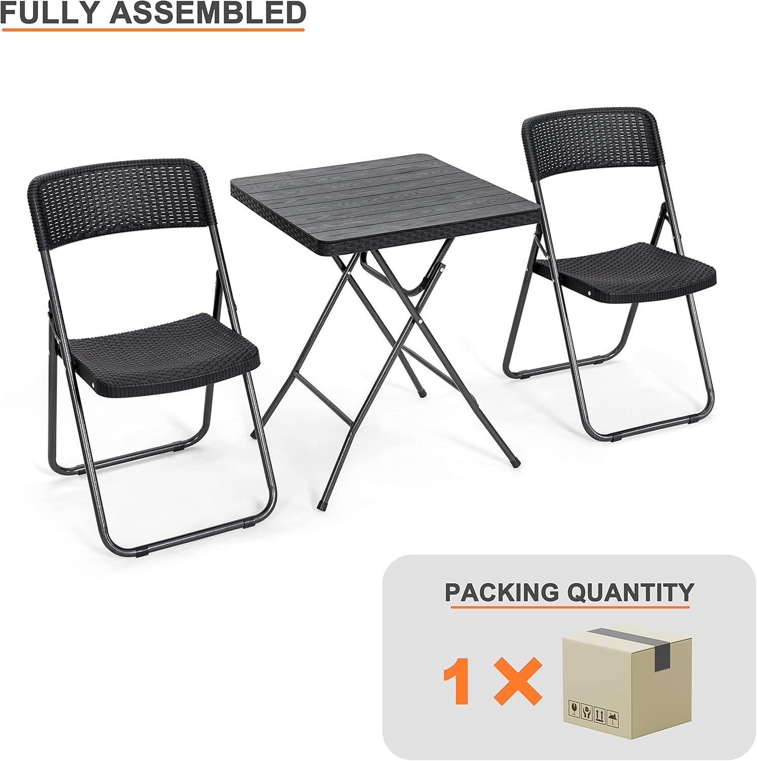 Nuu Garden 3 -Piece Black Rattan Bistro Patio Dining Set Iron Square Table with 2 Stationary Chairs