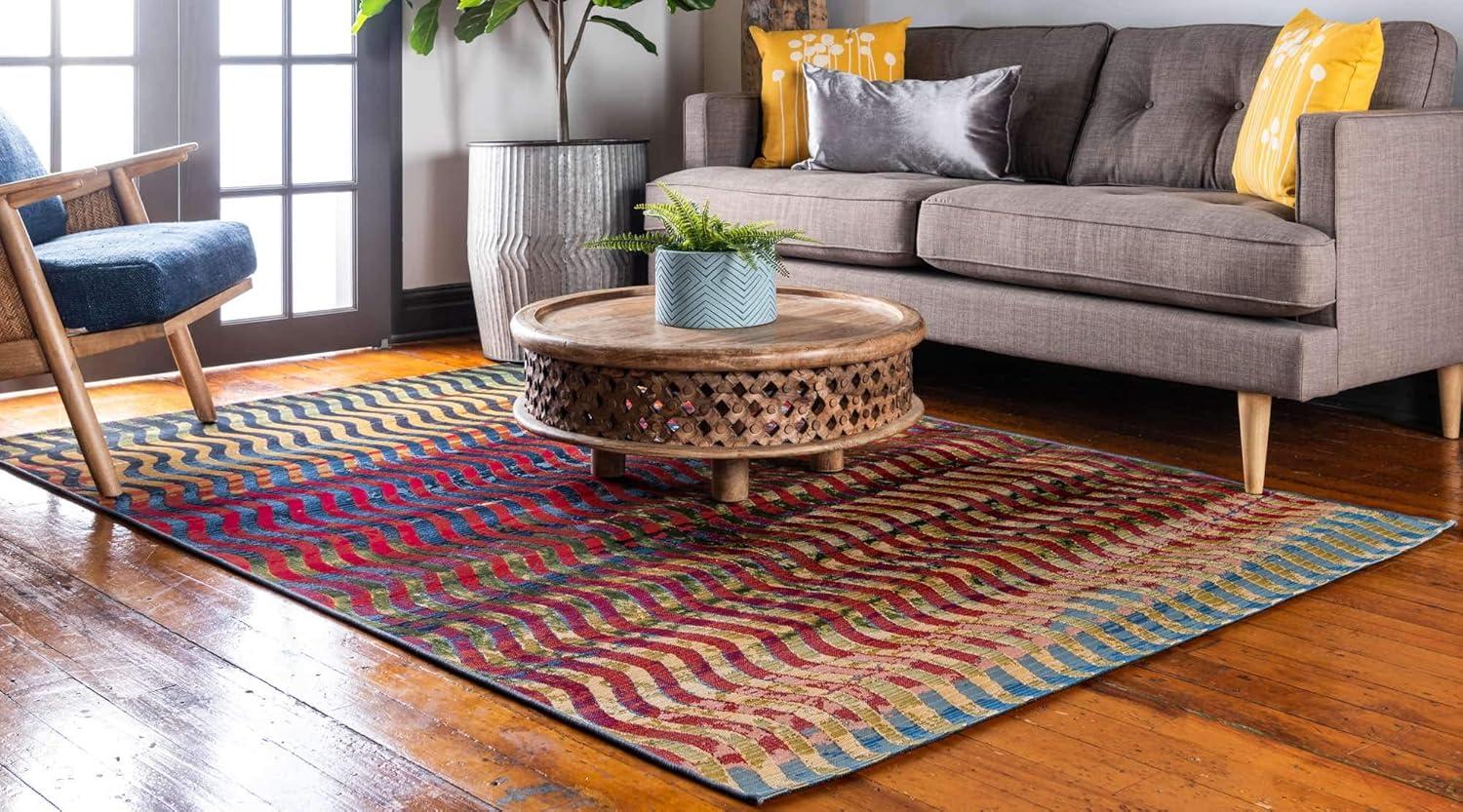 Unique Loom Outdoor Modern Collection Area Rug - Wavy (4' 1" x 6' 1" Rectangle, Multi/ Beige)