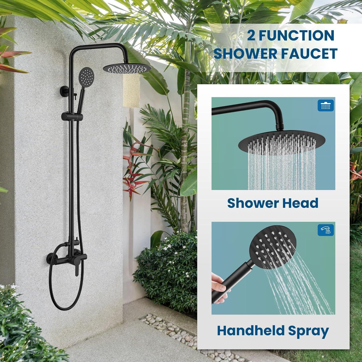 gotonovo SUS304 Outdoor Shower Fixture High Pressure Shower System Wall Mount 2 Dual Function Single Handle Shower Kit with 8 Inch Shower Head and Handheld Spray Shower Faucet Combo, Matte Black