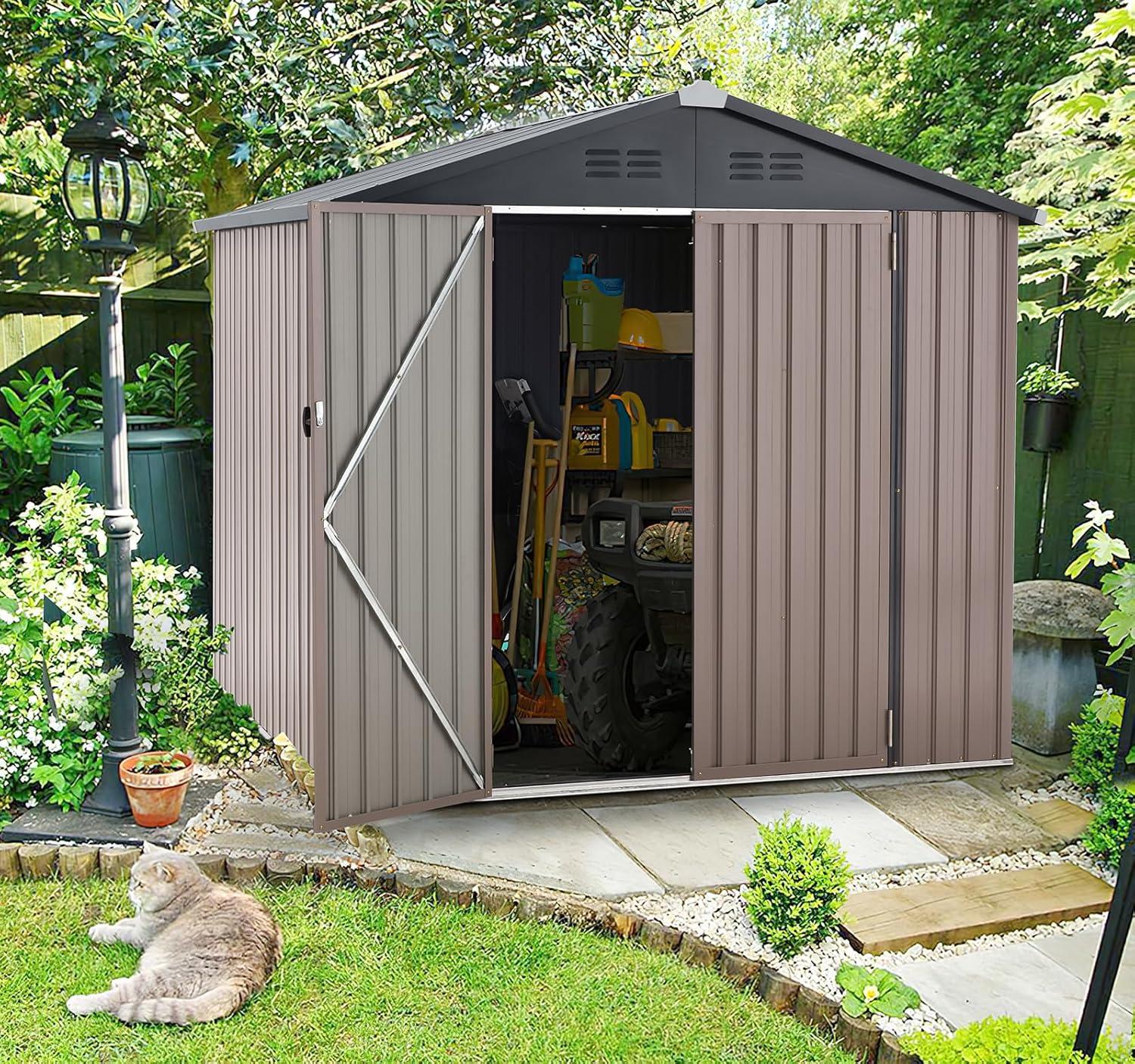U-MAX 8' x 10' Shed Outdoor Storage Shed Clearance, Extra Large Yard Steel Metal Garden Shed with Design of Lockable Doors, Tool and Utility Storage for Backyard, Garden, Patio, Outside use in Taupe