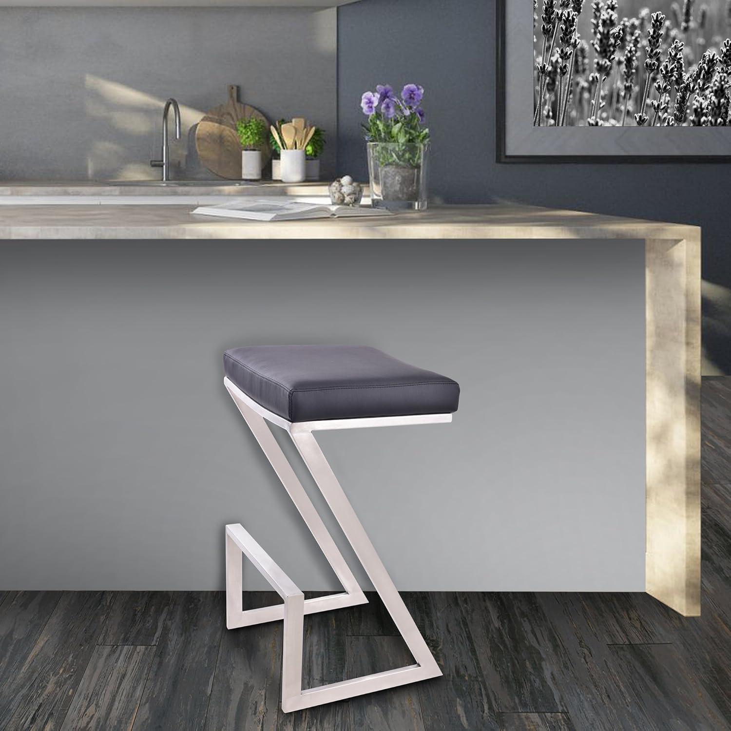 Black Leather and Metal Backless Counter Stool, 26 Inch