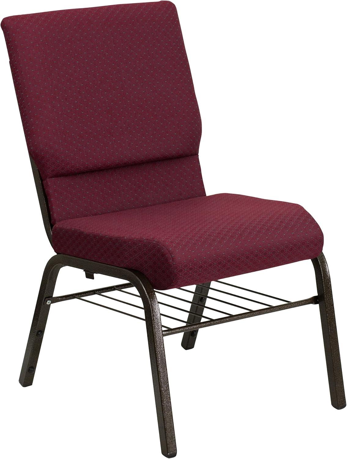 Flash Furniture HERCULES Series 18.5''W Church Chair in Burgundy Patterned Fabric with Book Rack - Gold Vein Frame