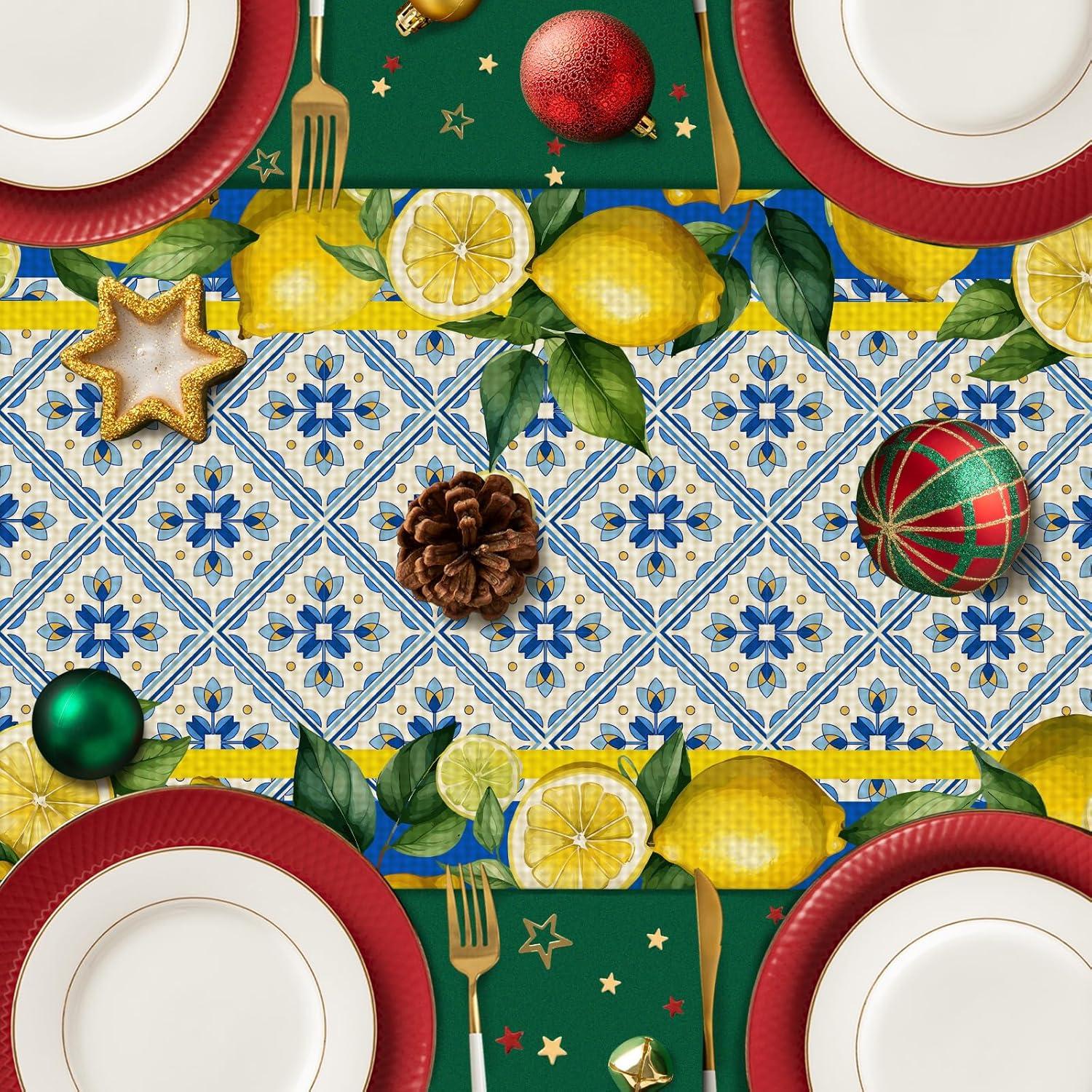 Jbralid Lemon Table Runner Spring Summer Seasonal Yellow Blue Table Runners Farmhouse Kitchen Dining Table Decoration for Indoor Outdoor Home Decor 13x72 Inch