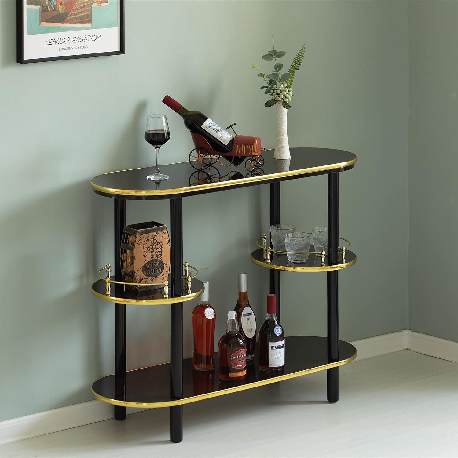 Fabulaxe Modern Display Wooden Console Bar with Tiered Open Shelves, Mini Bar with Wine Storage, Brown
