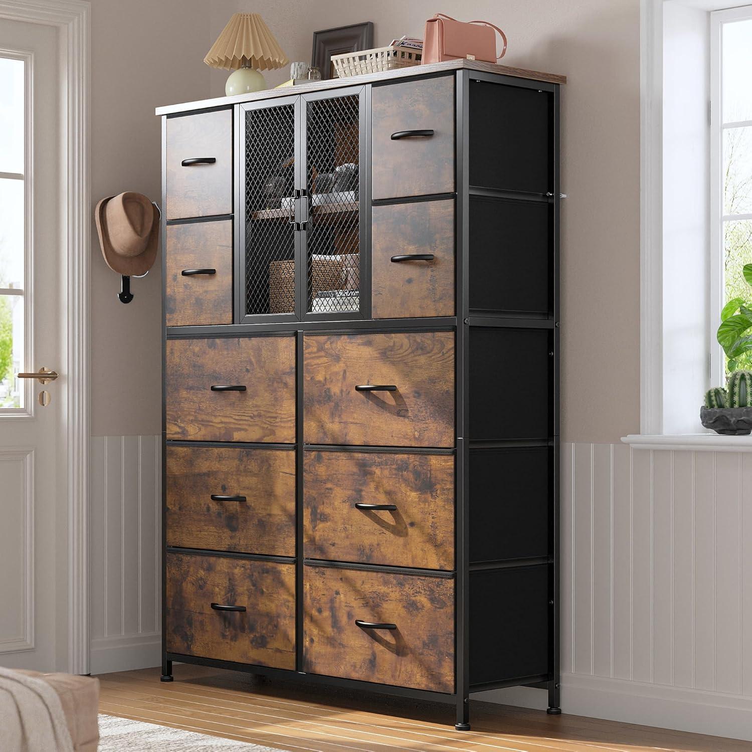 ASDRFYU Dresser Tall Dressers for Bedroom with Mesh Door Dressers & Chests of Drawers with 10 Fabric Drawer Dresser Organizer Metal Frame Wood Top for Closet Entryway Black 38" Wx