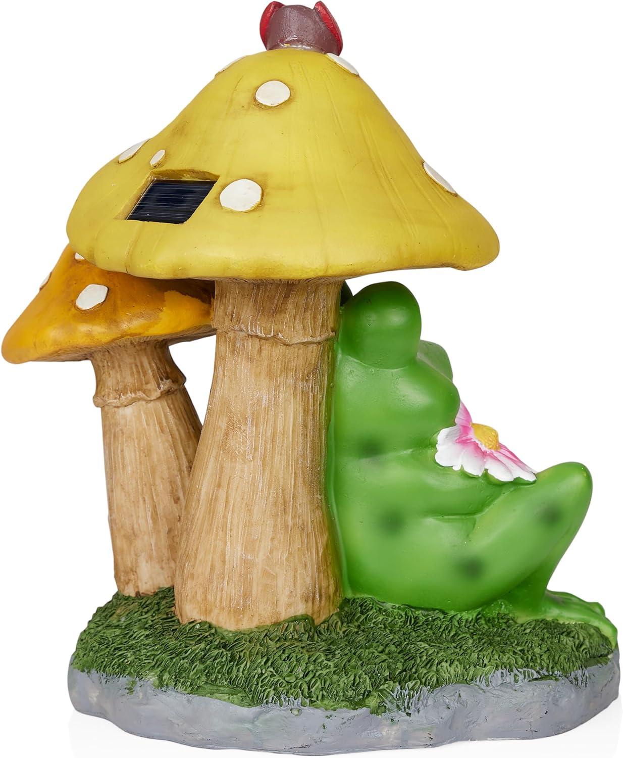 Alpine Corporation Frog Mushroom Statue With Solar: Whimsical Garden Decor, Polyresin, Ambient Glow