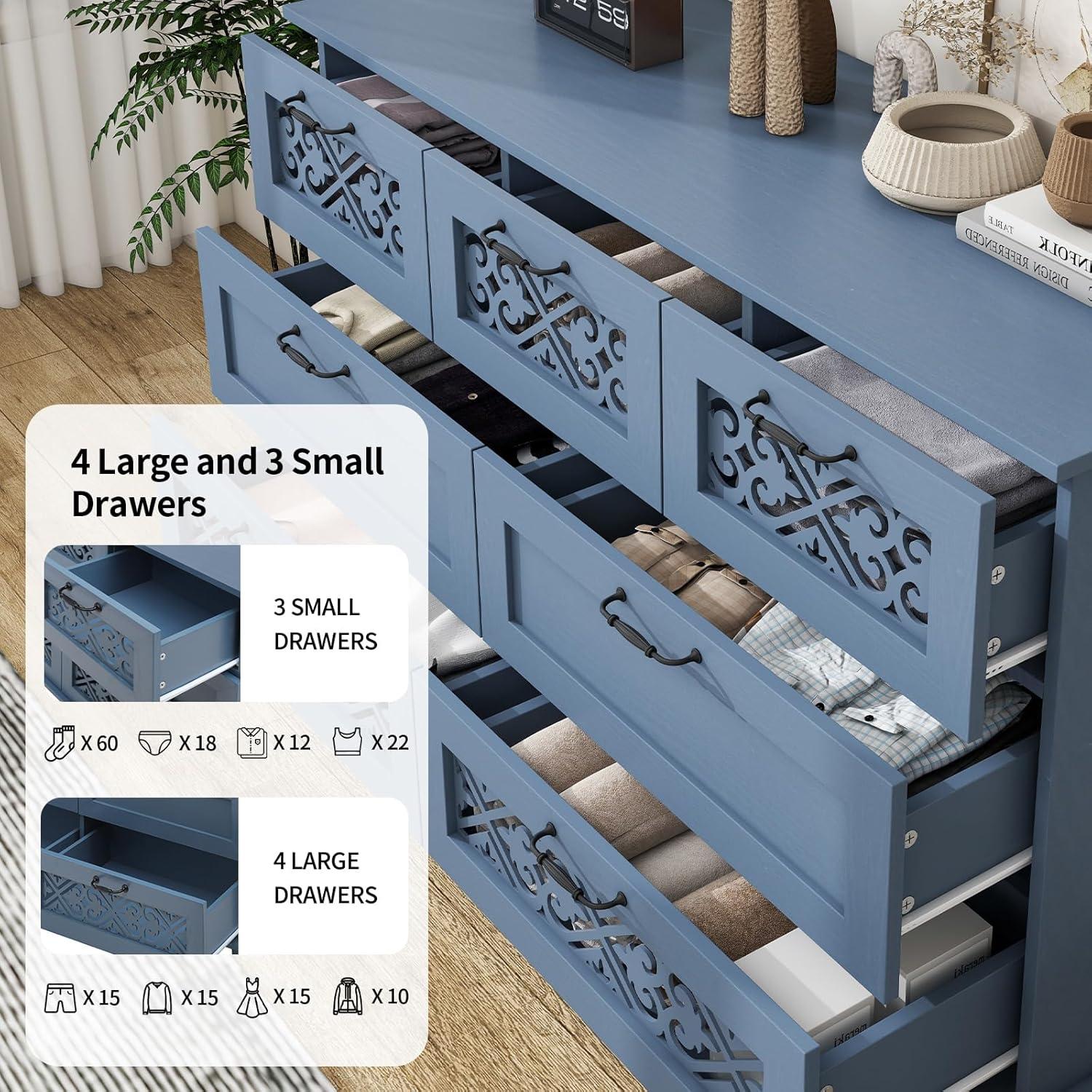 Sideboard Buffet Cabinet with Storage - Accent Storage Cabinet with Hollow Carved Pattern, Modern 2 Door 3 Drawer Cabinet, Farmhouse Wood Credenza for Living Room, Dining Room (Blue)