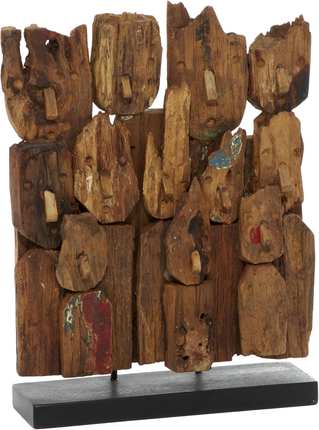 Brown Teak Wood Handmade Carved Abstract Sculpture with Faces