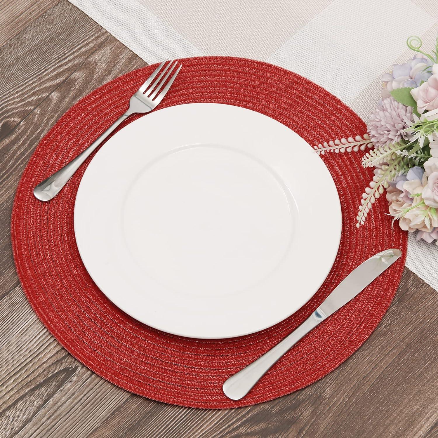 Round Woven Placemats, 4 Pcs, 15" Braided Woven Placemats, Attractive Kitchen Place Mats, Round Placemats as Table Mat (Red)