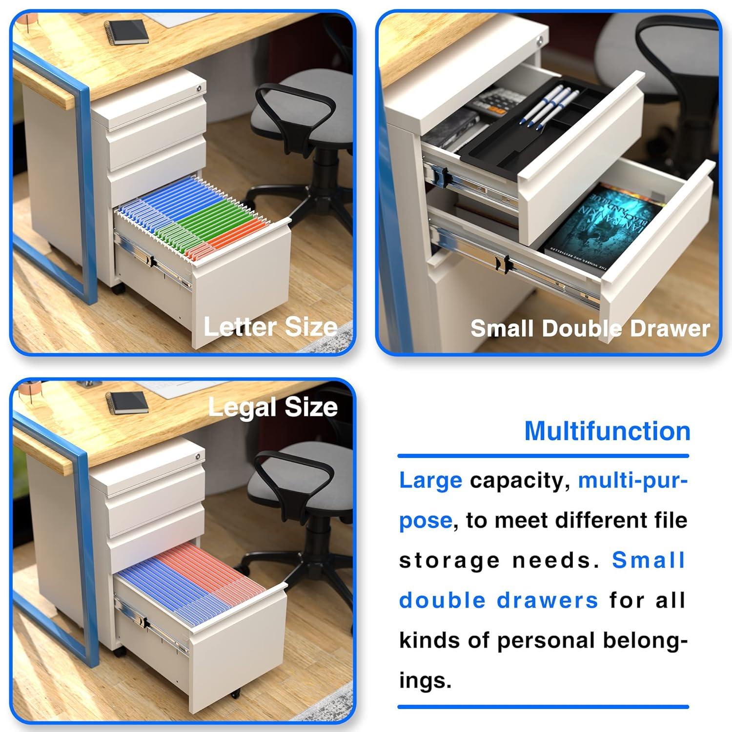 AOBABO 3 Drawer Mobile File Organizer, Lockable Metal Filing Cabinet Storage Cart w/Pencil Tray for Home & Office Organization, Fully Assembled, White