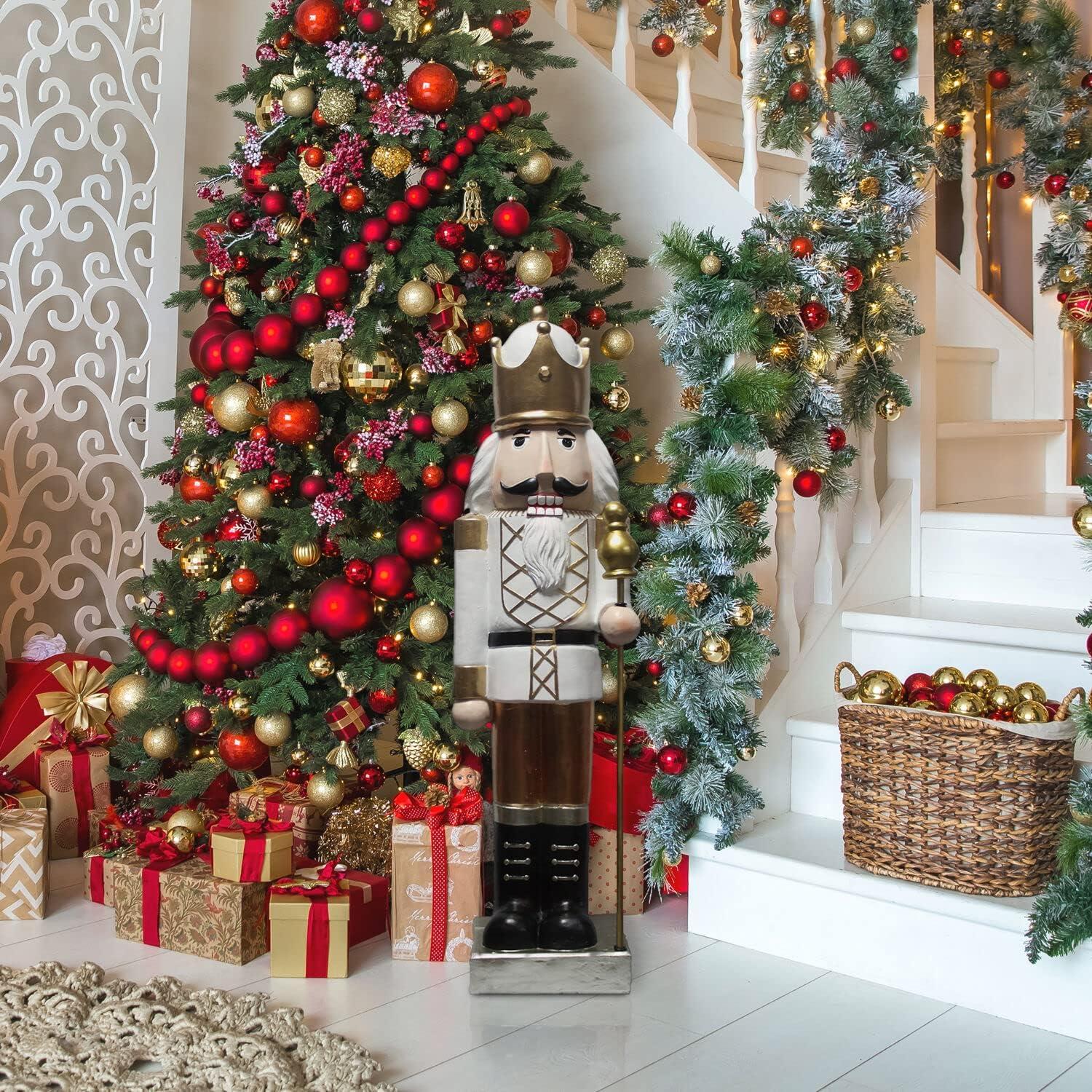 Christmas Time 48-In. Nutcracker Holding Staff Figurine | Festive Indoor Holiday Decor | Christmas Decoration | Gold/White | CT-MG048NC0-GD