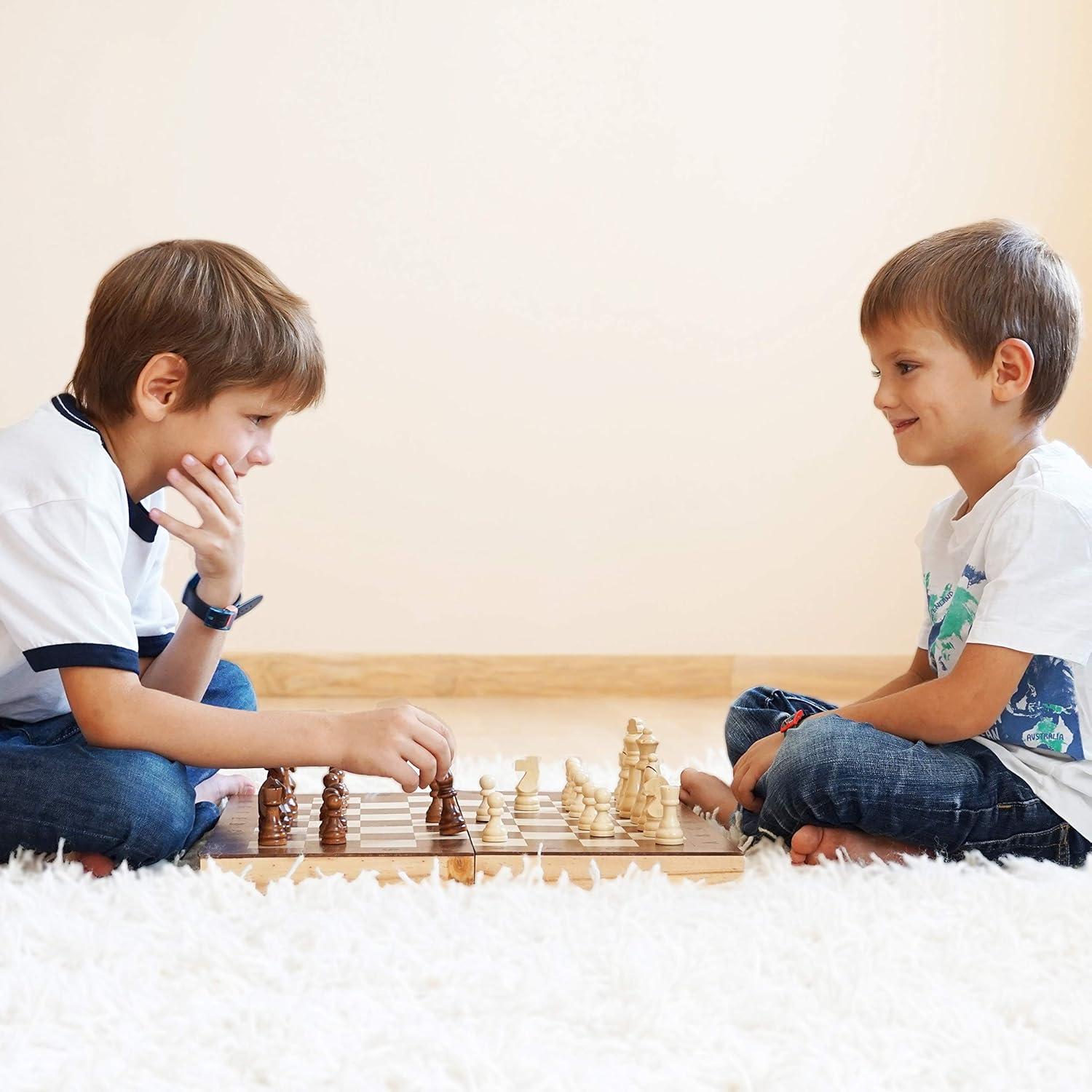 17" Walnut Wood Folding Chess Set with Hand-Carved Pieces