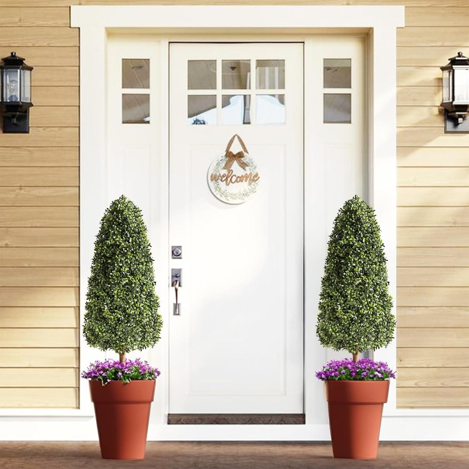 3ft Artificial Topiary Trees Set of 2, Faux Boxwood Tree for Outdoor Decor, Topiaries Plants Artificial Outdoors for Front Door Patio Garden C38