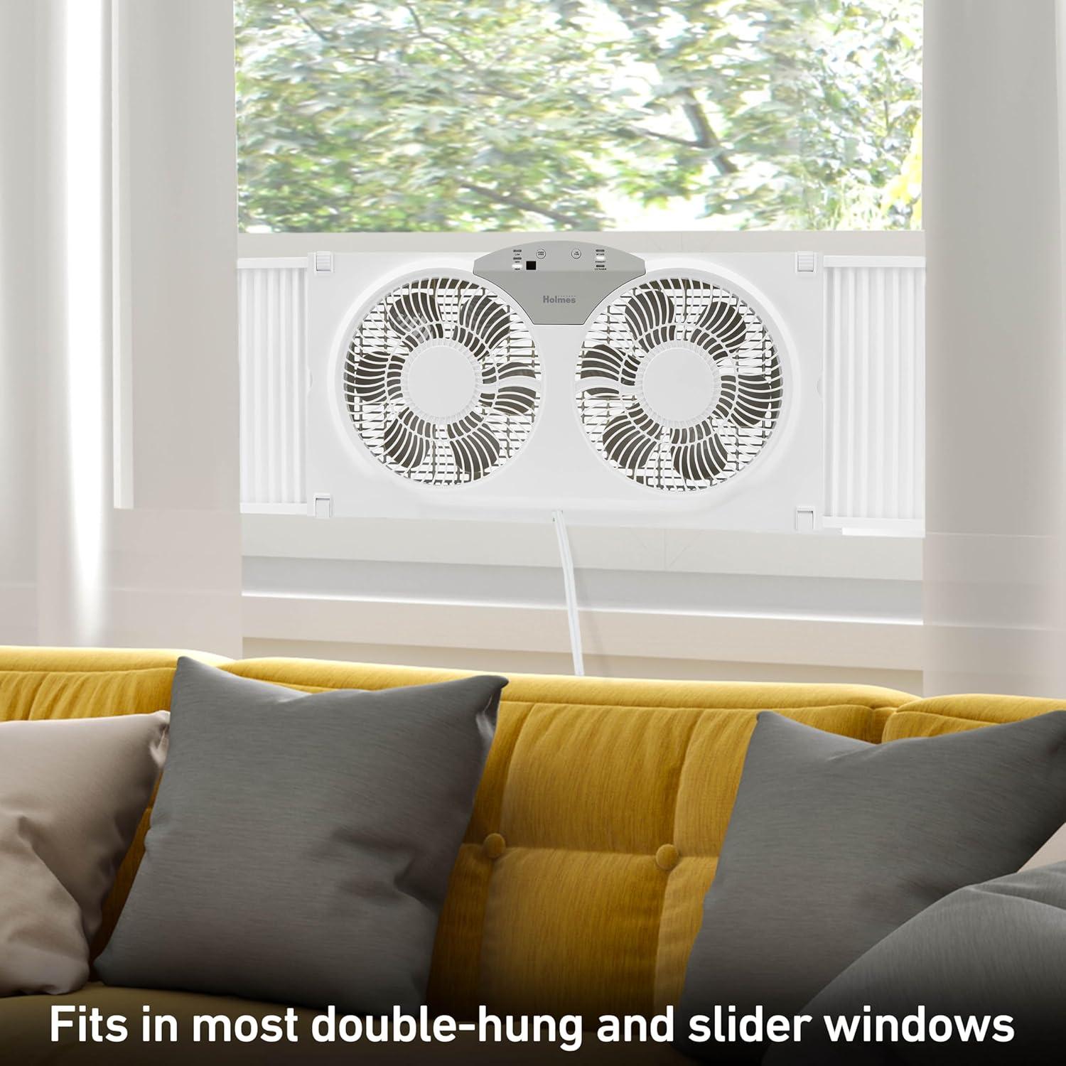 9 in. Twin-Blade 3-Speed White Digital Window Fan with Remote Control