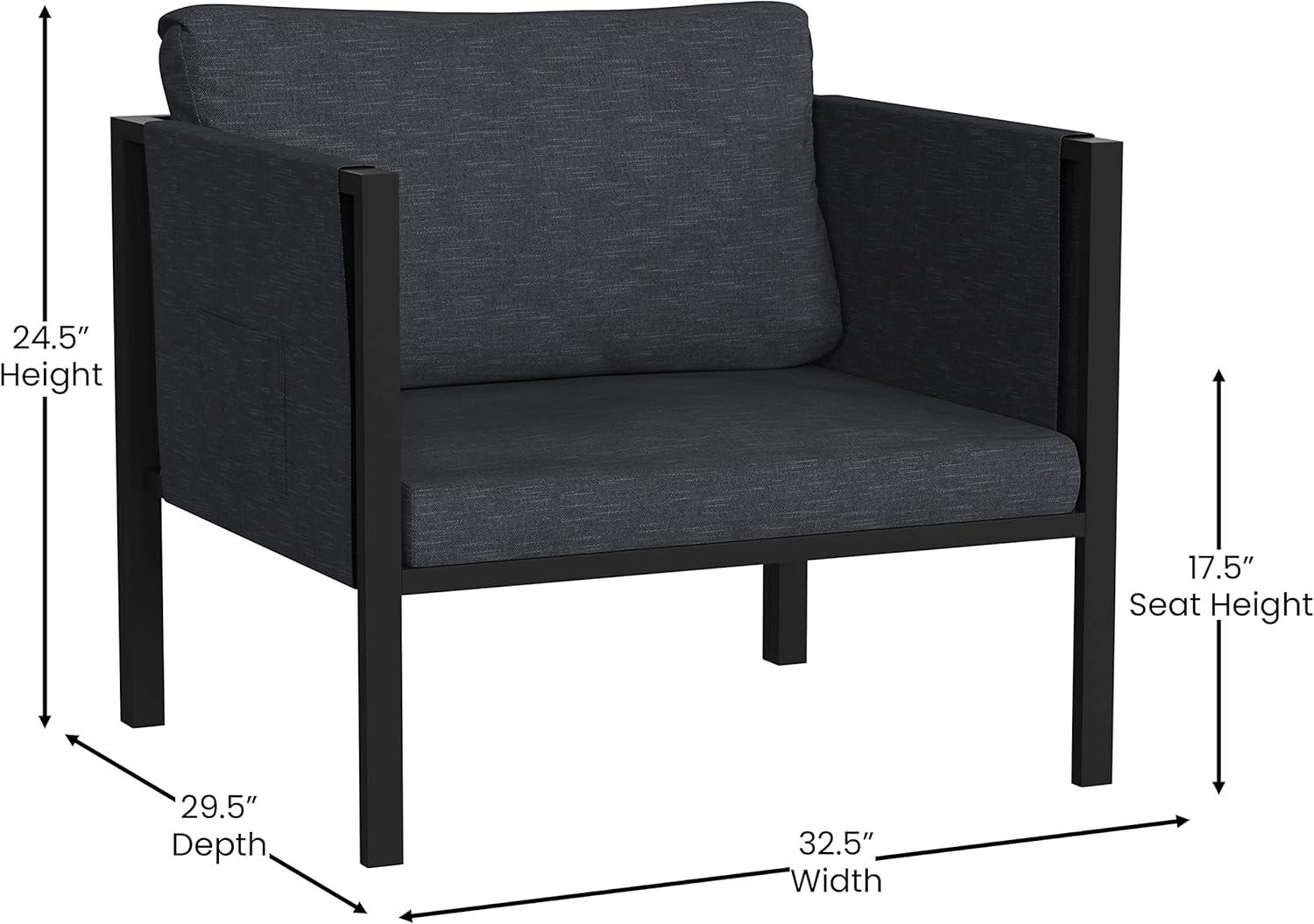 Flash Furniture Lea Indoor/Outdoor Patio Chair with Cushions - Modern Steel Framed Chair with Storage Pockets, Black with Charcoal Cushions