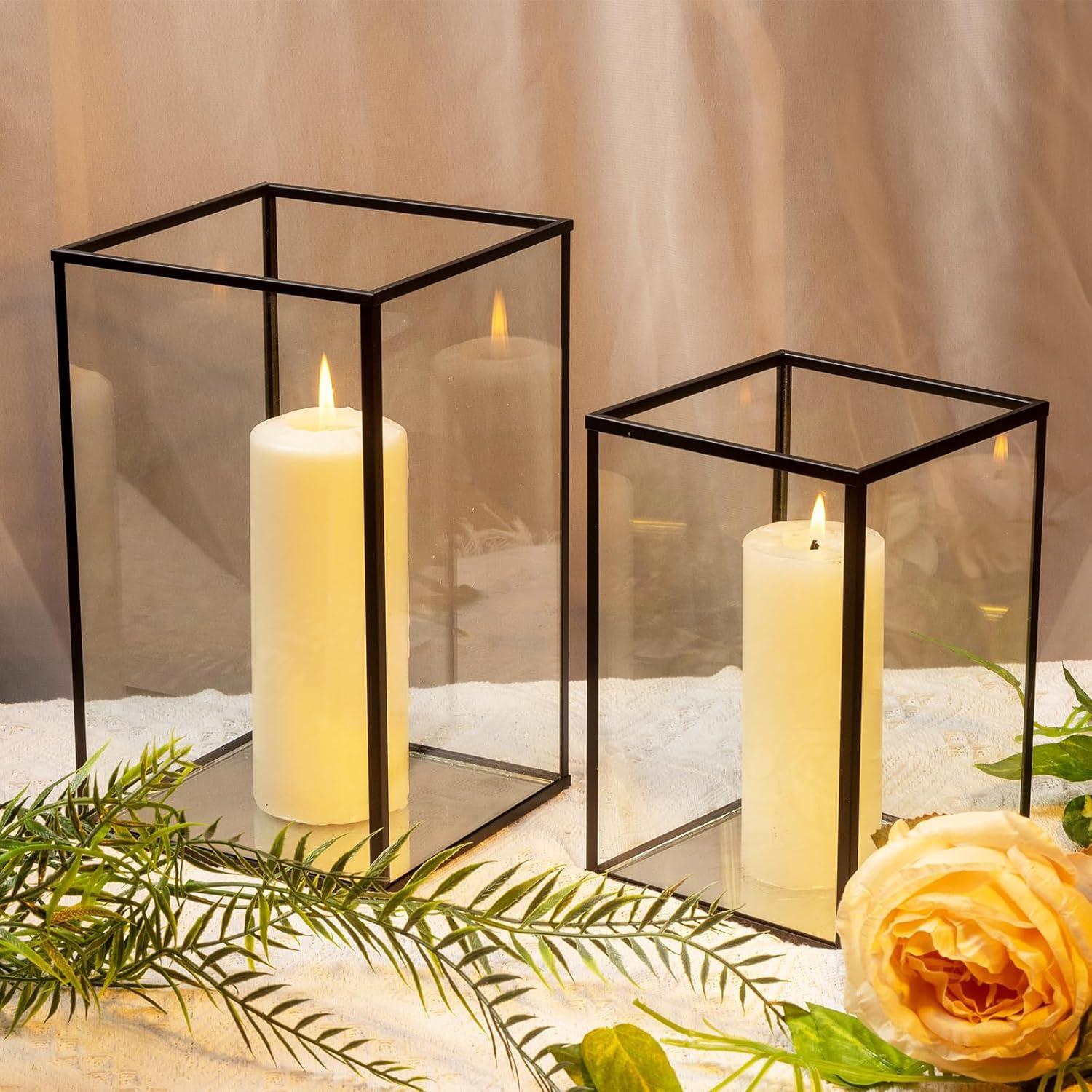 Black Metal and Glass Hurricane Candle Holder Set